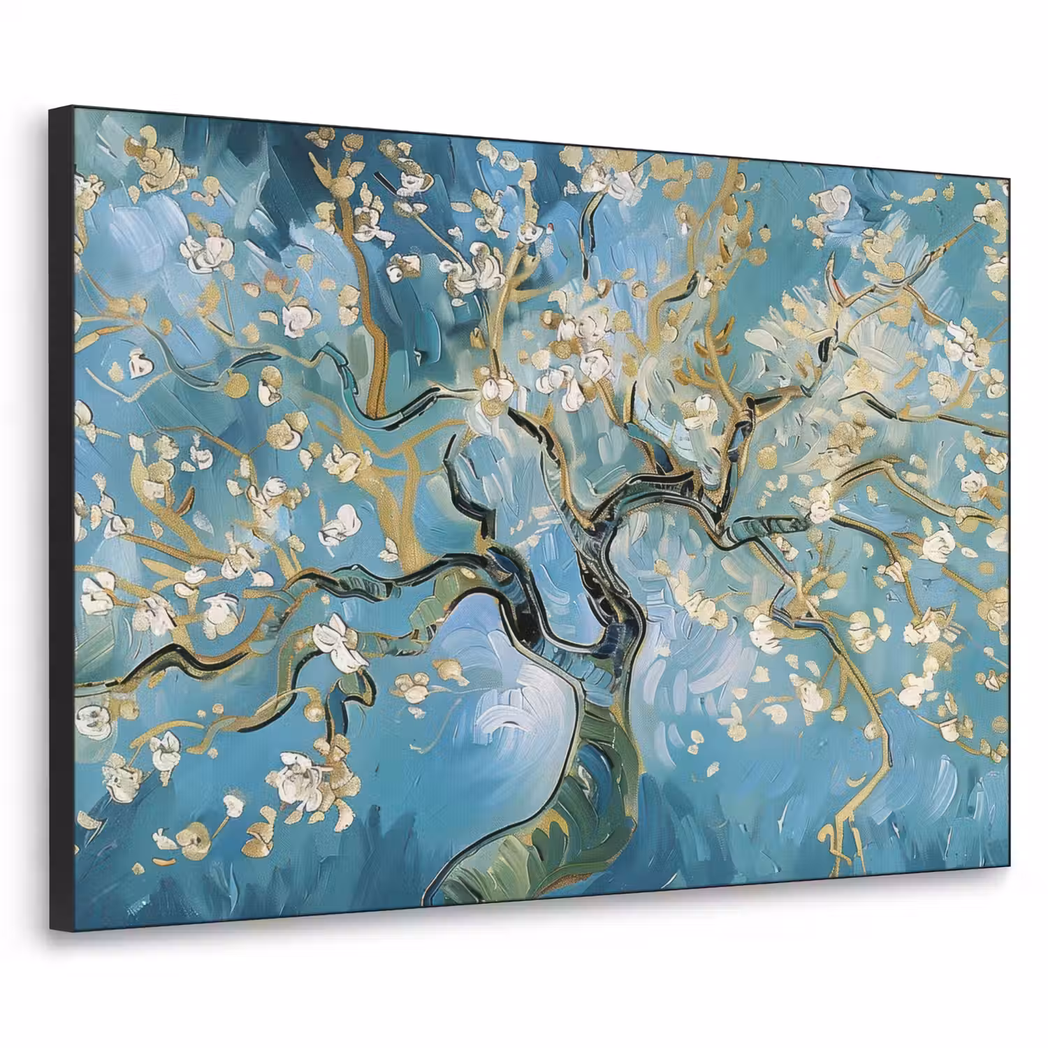 Amandelbloesem boom - Blauw - Abstract Textielframe - compleet frame klein -3d