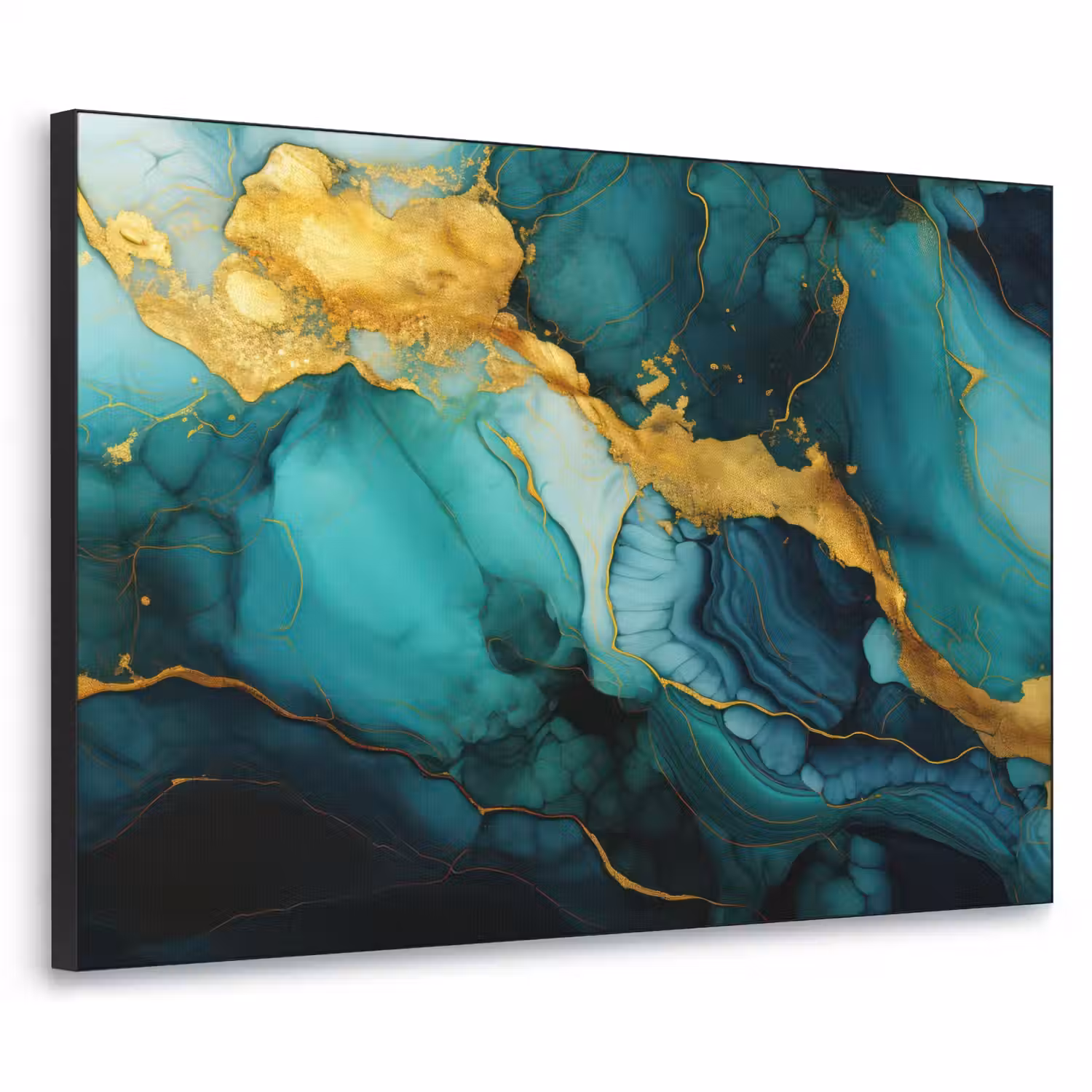 Marmer - Goud - Blauw groen - Abstract - Turquoise Textielframe zwart klein -3d