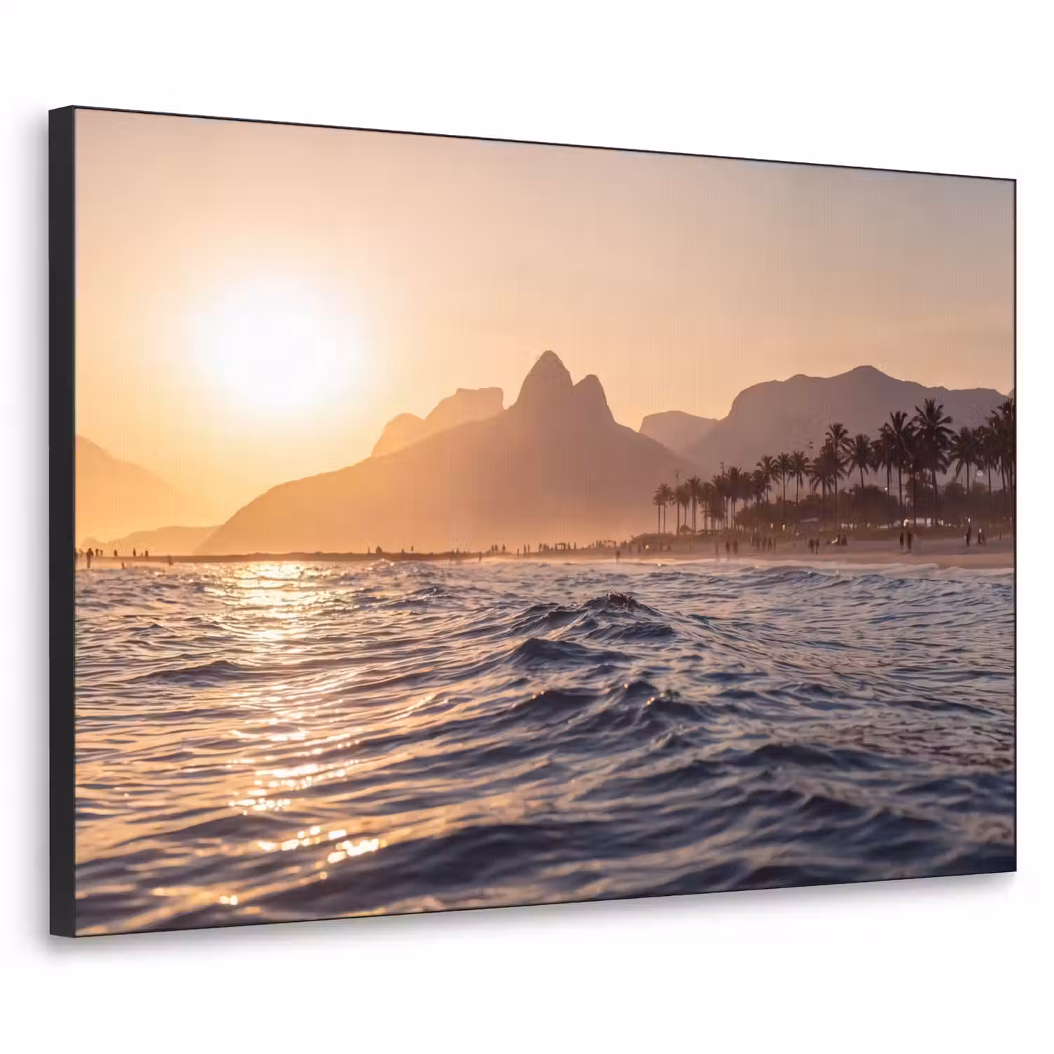 Zee - Golven - Zonsondergang - Kust - Goud Textielframe zwart klein -3d