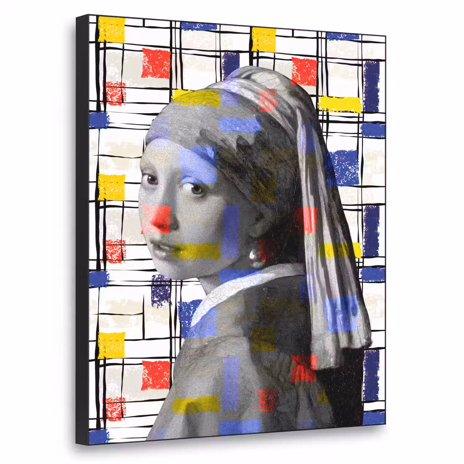 Mondriaan - Meisje met de parel - Collage Textielframe zwart klein -3d