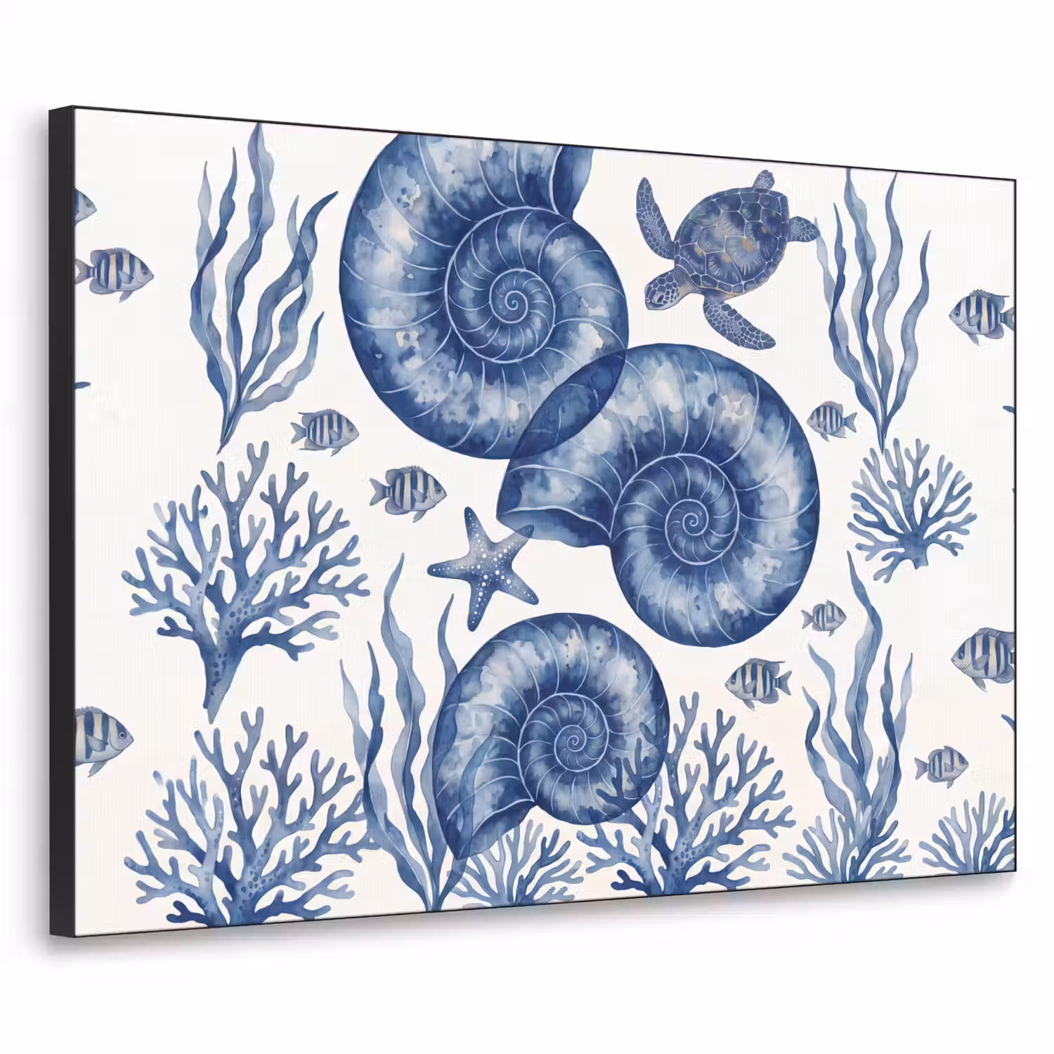 Schelp - Spiraal - Zeeleven - Aquarel - Blauw Textielframe zwart klein -3d