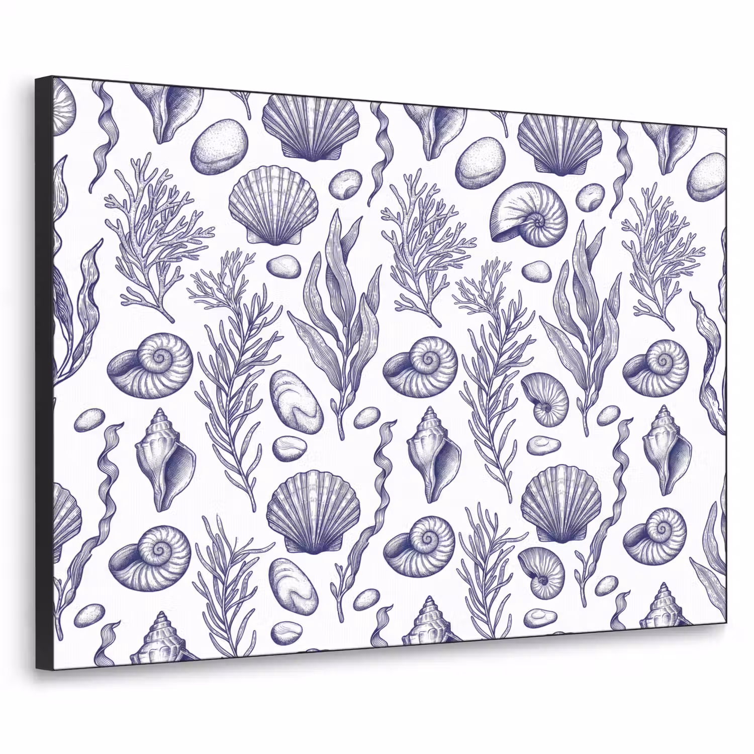 Schelpen - Zeewier - Oceaan - Illustratie - Blauw Textielframe zwart klein -3d