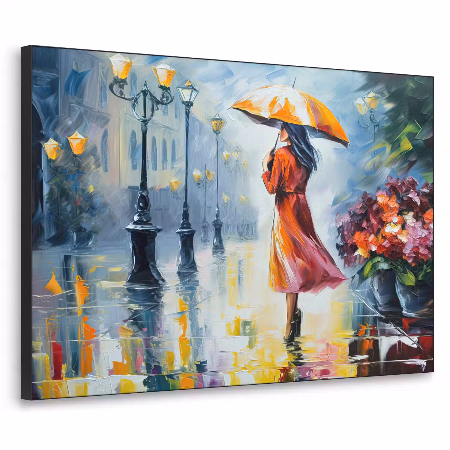 Olieverf - Paraplu - Vrouw - Straat - Kunst Textielframe zwart klein -3d