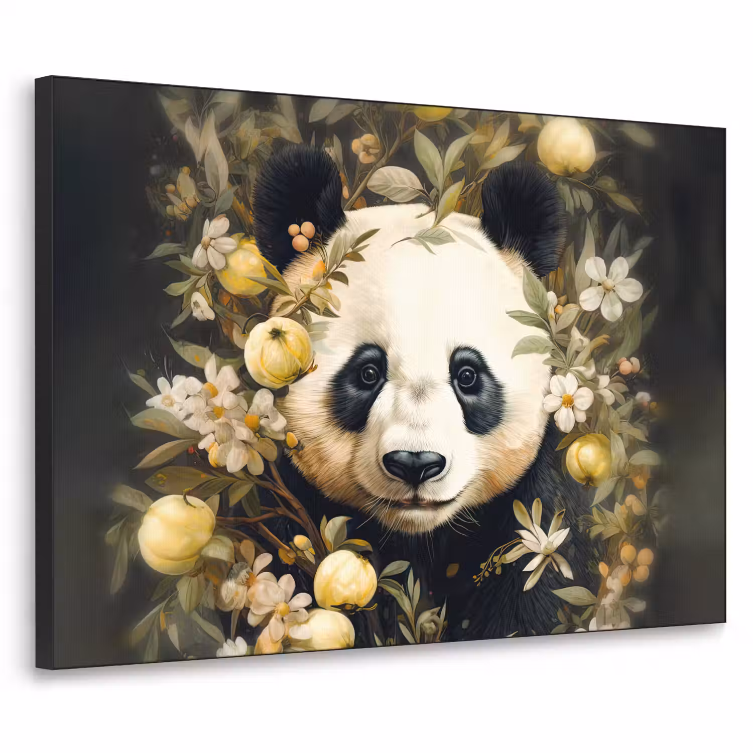 Panda - Pandabeer - Wilde dieren - Natuur - Bloemen Textielframe zwart klein -3d