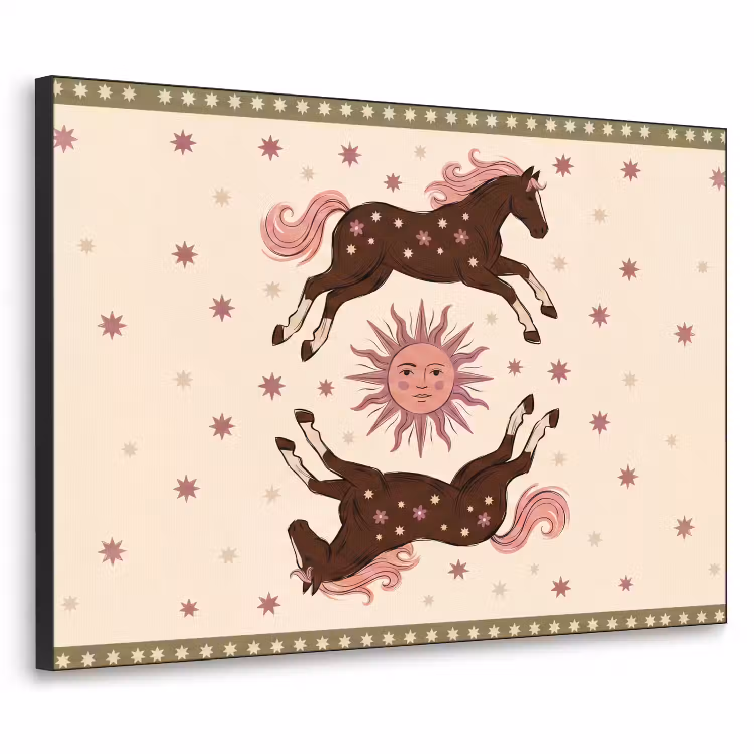 Paard - Zon - Mystiek - Illustratie - Roze Textielframe zwart klein -3d