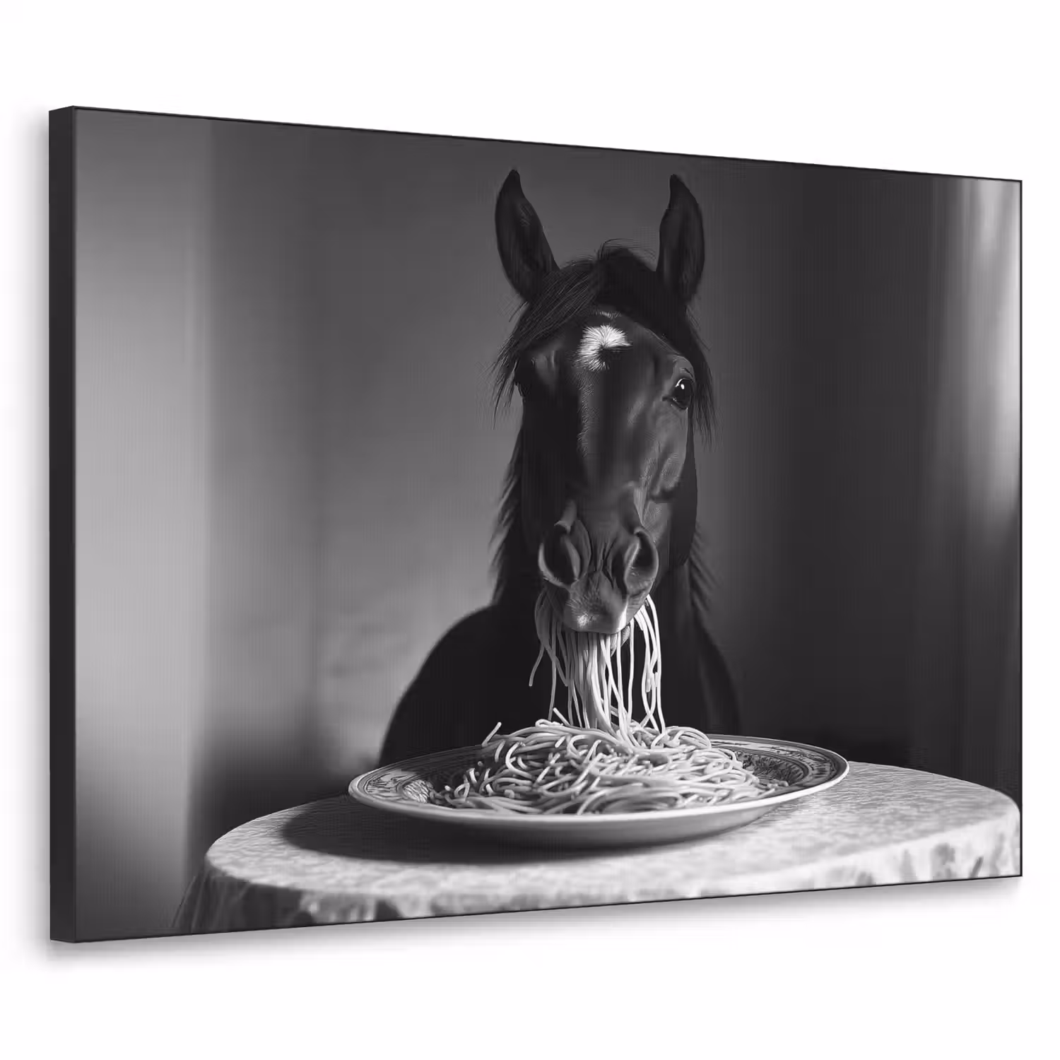 Paard - Bord - Pasta - Tafelkleed - Zwart Wit - Dieren Textielframe - compleet frame klein -3d