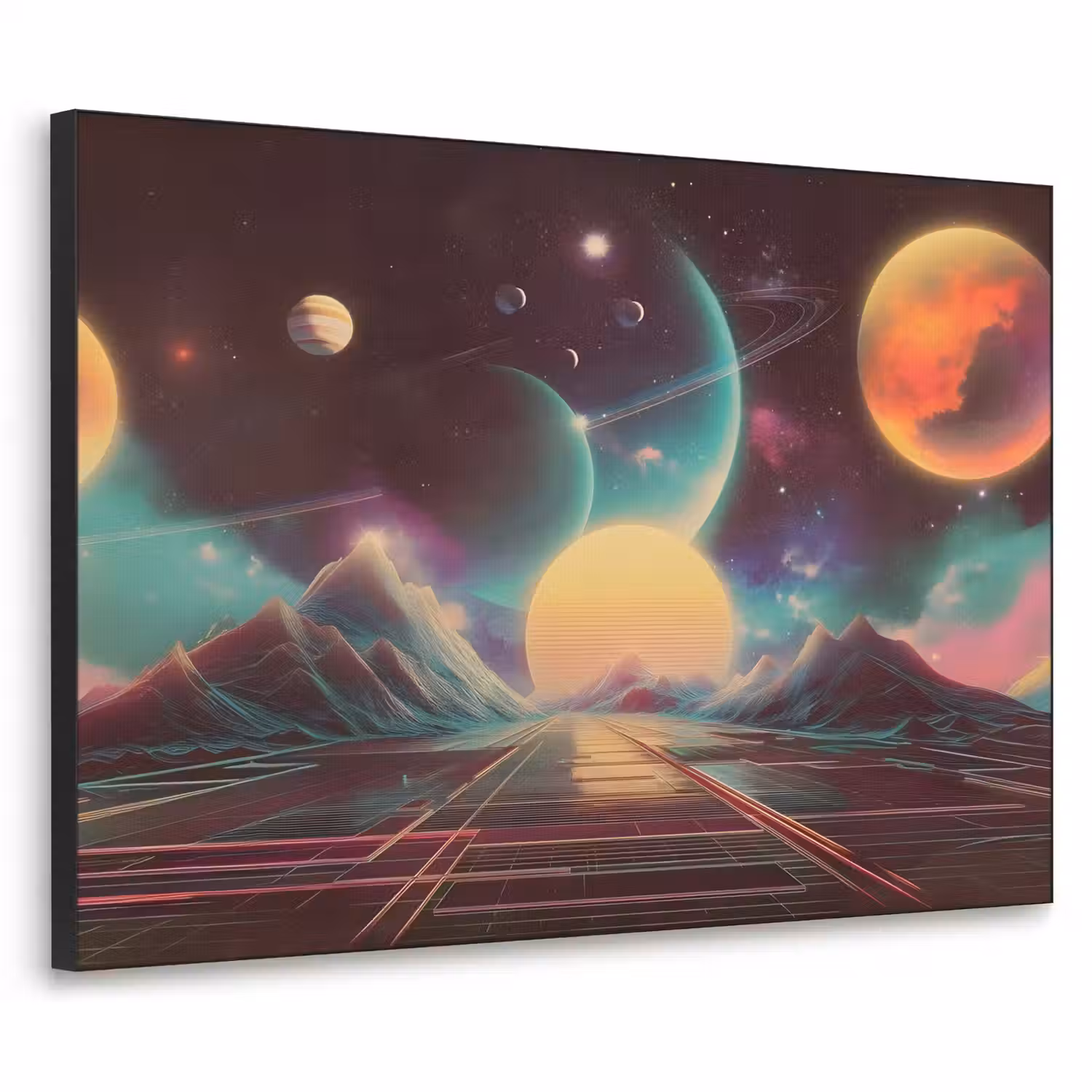Planeten - Neon - Berglandschap - Zon Textielframe - compleet frame klein -3d
