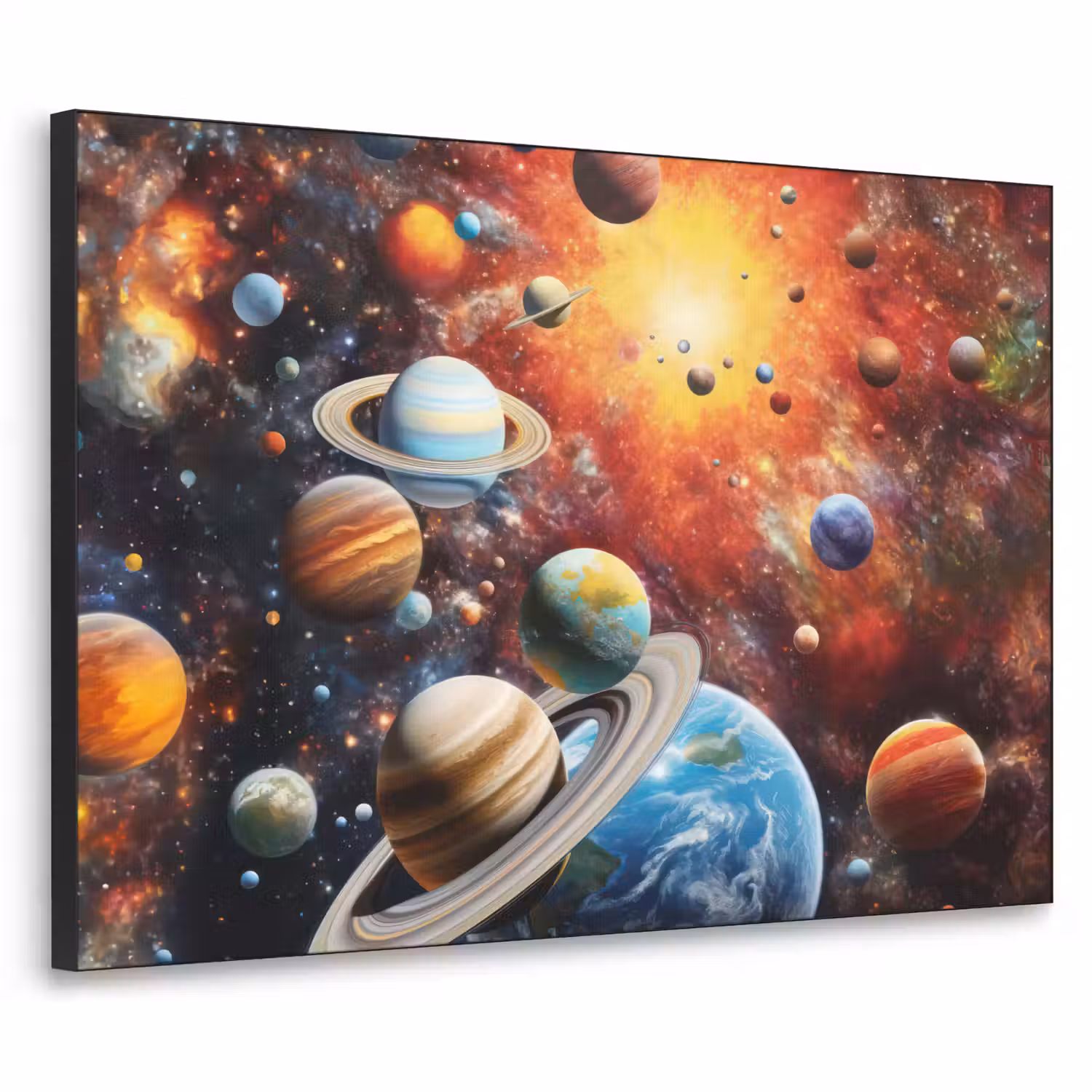 Planeten - Heelal - Neon - Ruimte Textielframe zwart klein -3d