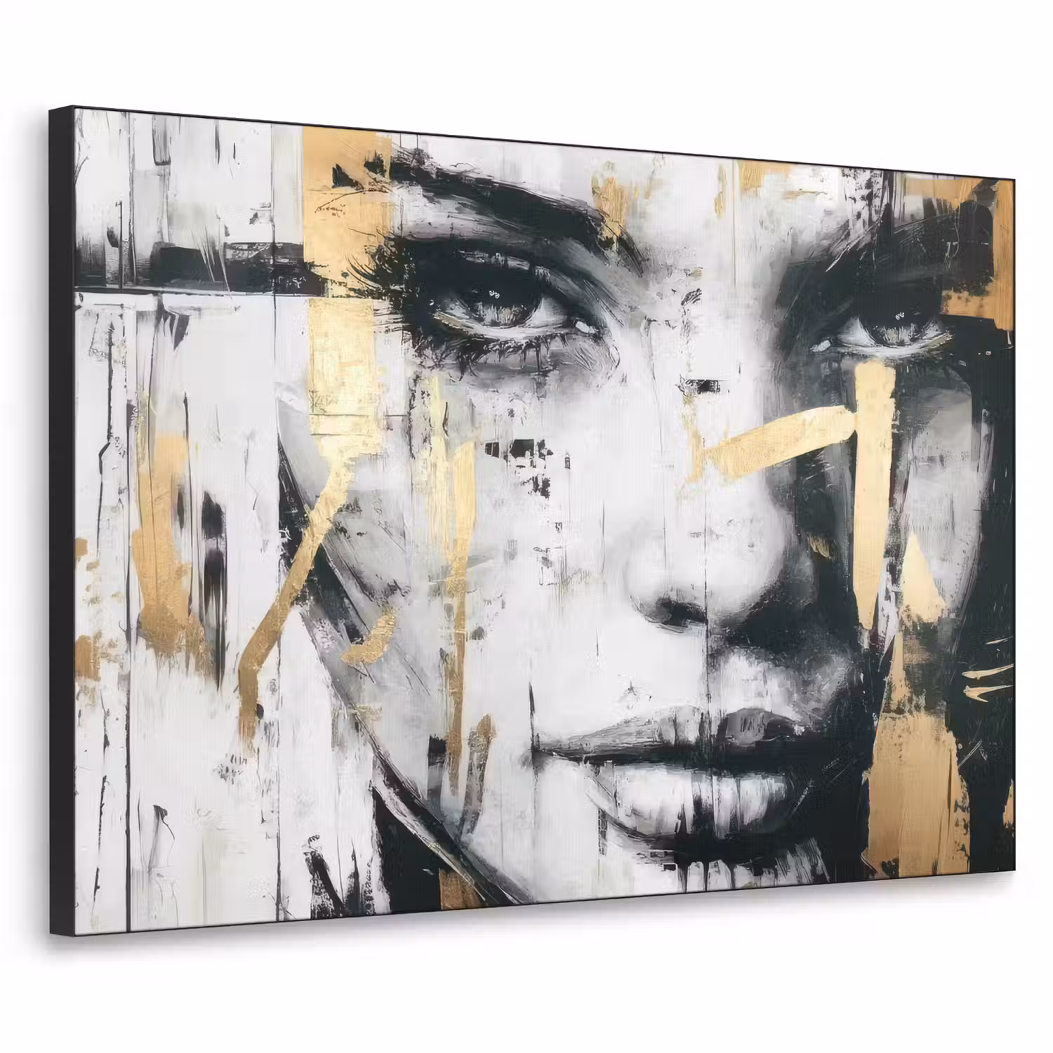 Portret - Vrouw - Penseelstreken - Goud Textielframe - compleet frame klein -3d