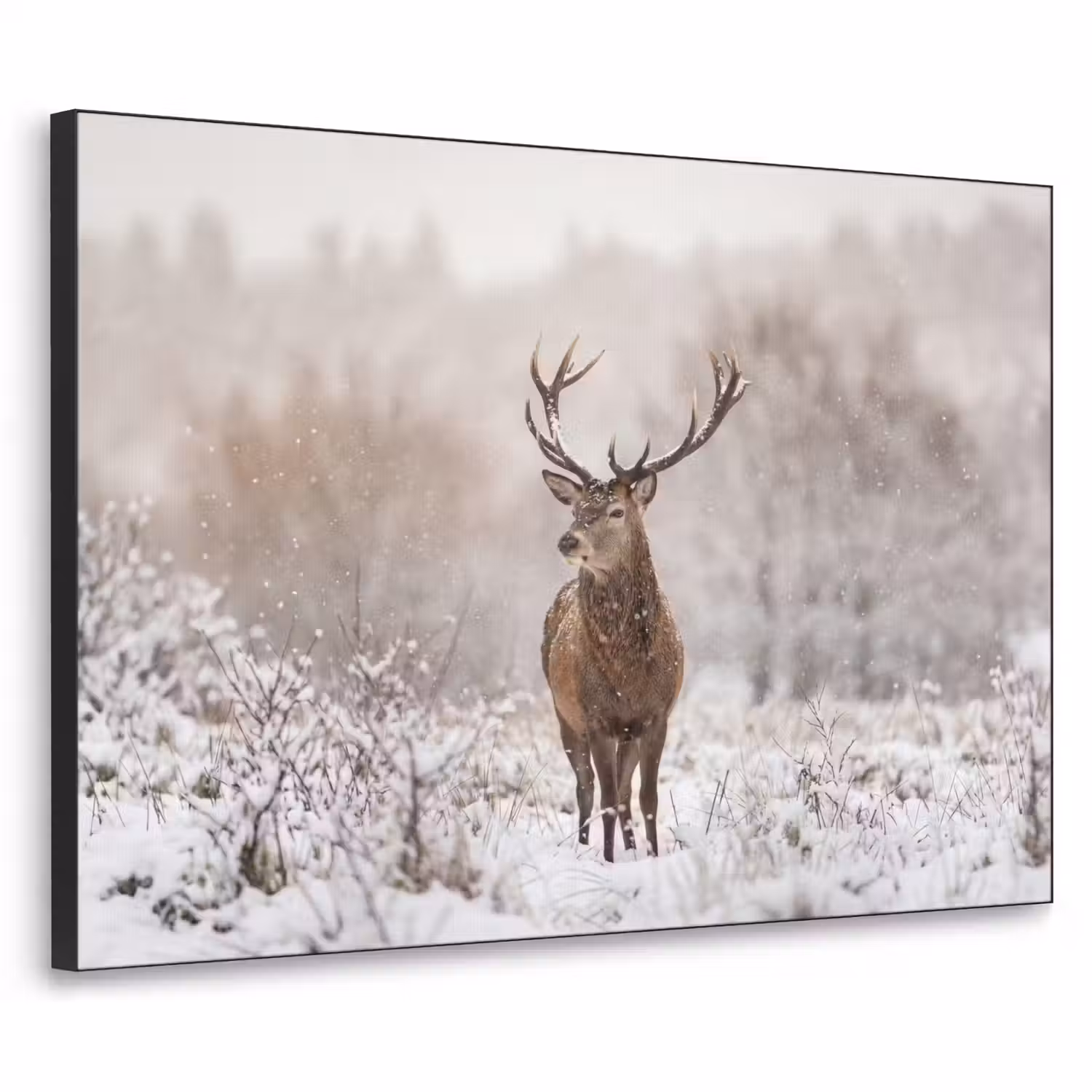 Edelhert - Bos - Sneeuw - Winter - Majestueus Textielframe zwart klein -3d