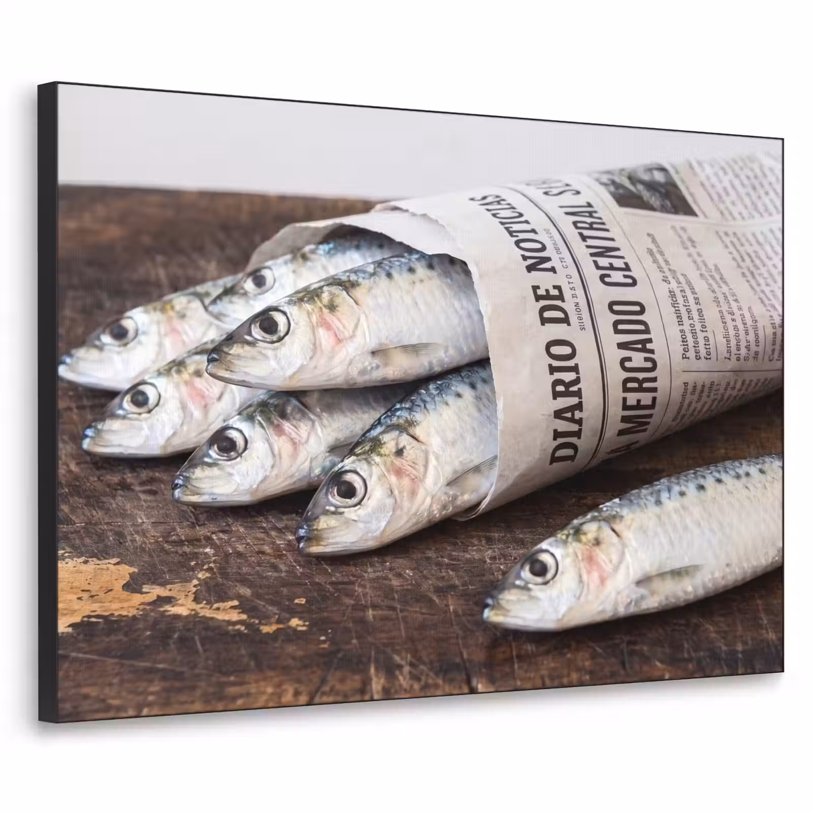 Art Frame - Sardine – Zeitung – Schneidebrett - Sardientje - krant - snijplank Textielframe zwart klein