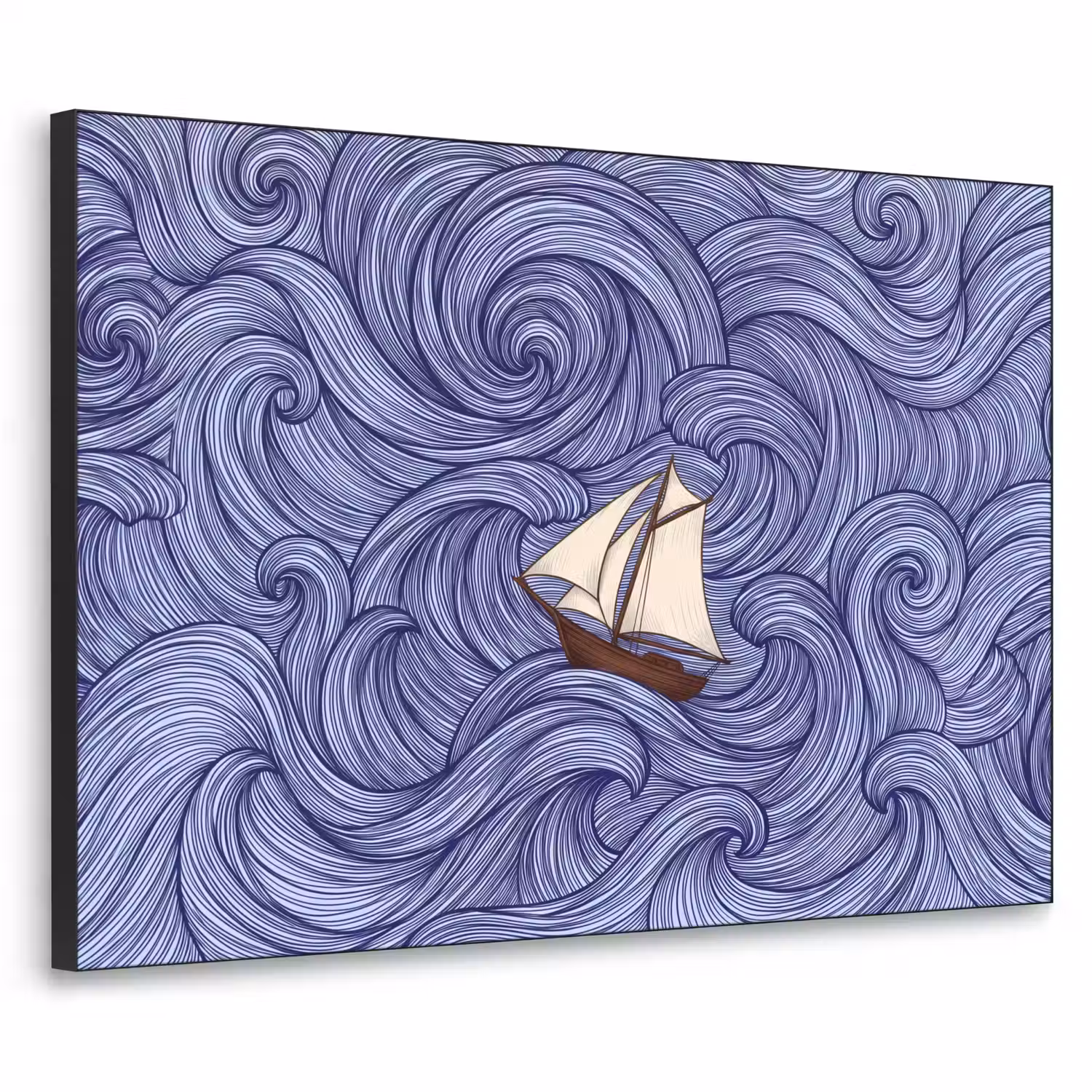 Schip - Golven - Zee - Illustratie - Blauw Textielframe zwart klein -3d