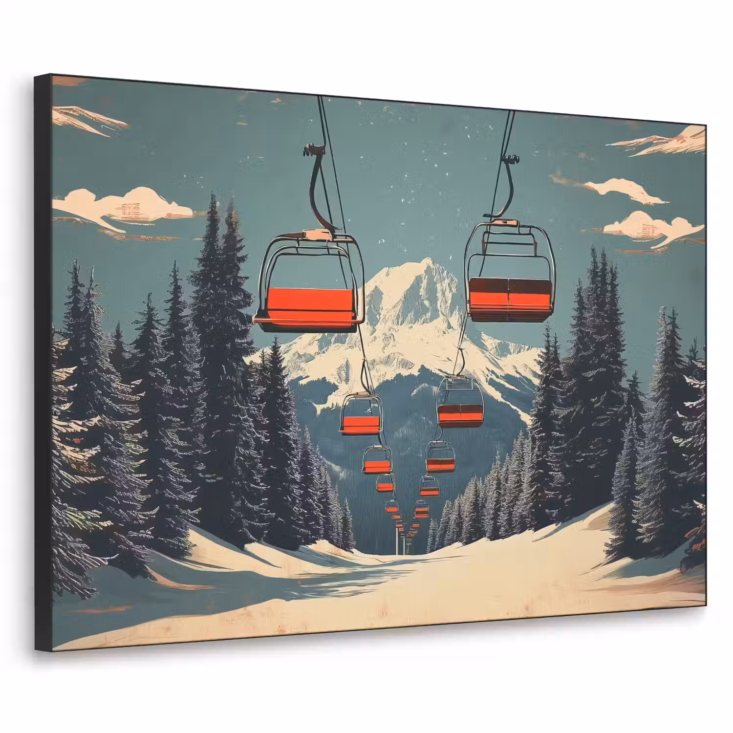 Sneeuw - Skilift - Rood - Bomen Textielframe - compleet frame klein -3d