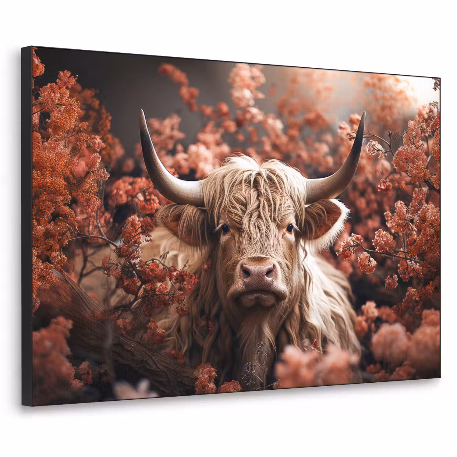 Schotse hooglander - Dier - Natuur - Bloemen - Botanisch Textielframe zwart klein -3d
