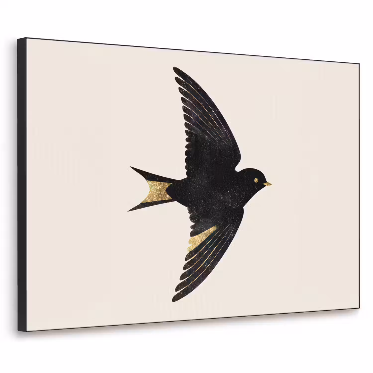Zwarte zwaluw - Gouden accenten - Lichte achtergrond Textielframe - compleet frame klein -3d