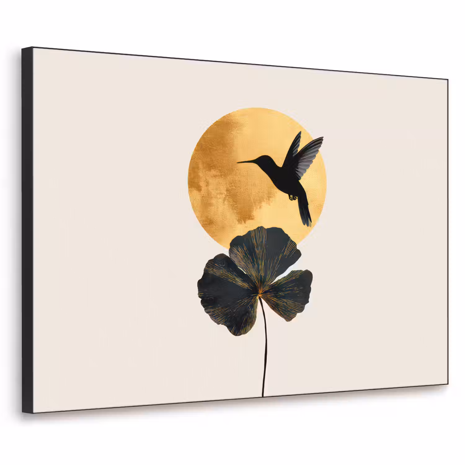 Zwarte kolibrie - Bloem - Gouden cirkel Textielframe - compleet frame klein -3d