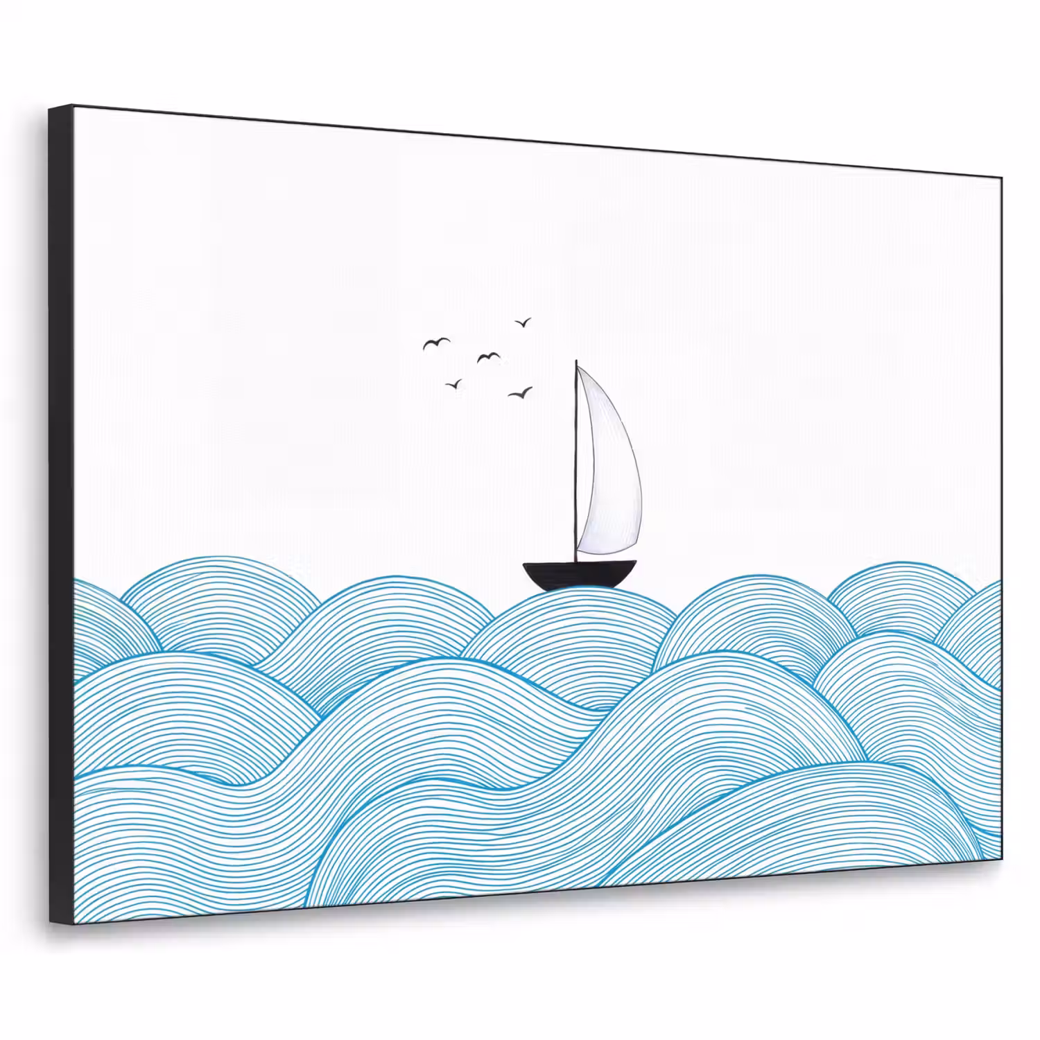 Zeilboot - Golven - Zee - Illustratie - Blauw Textielframe zwart klein -3d