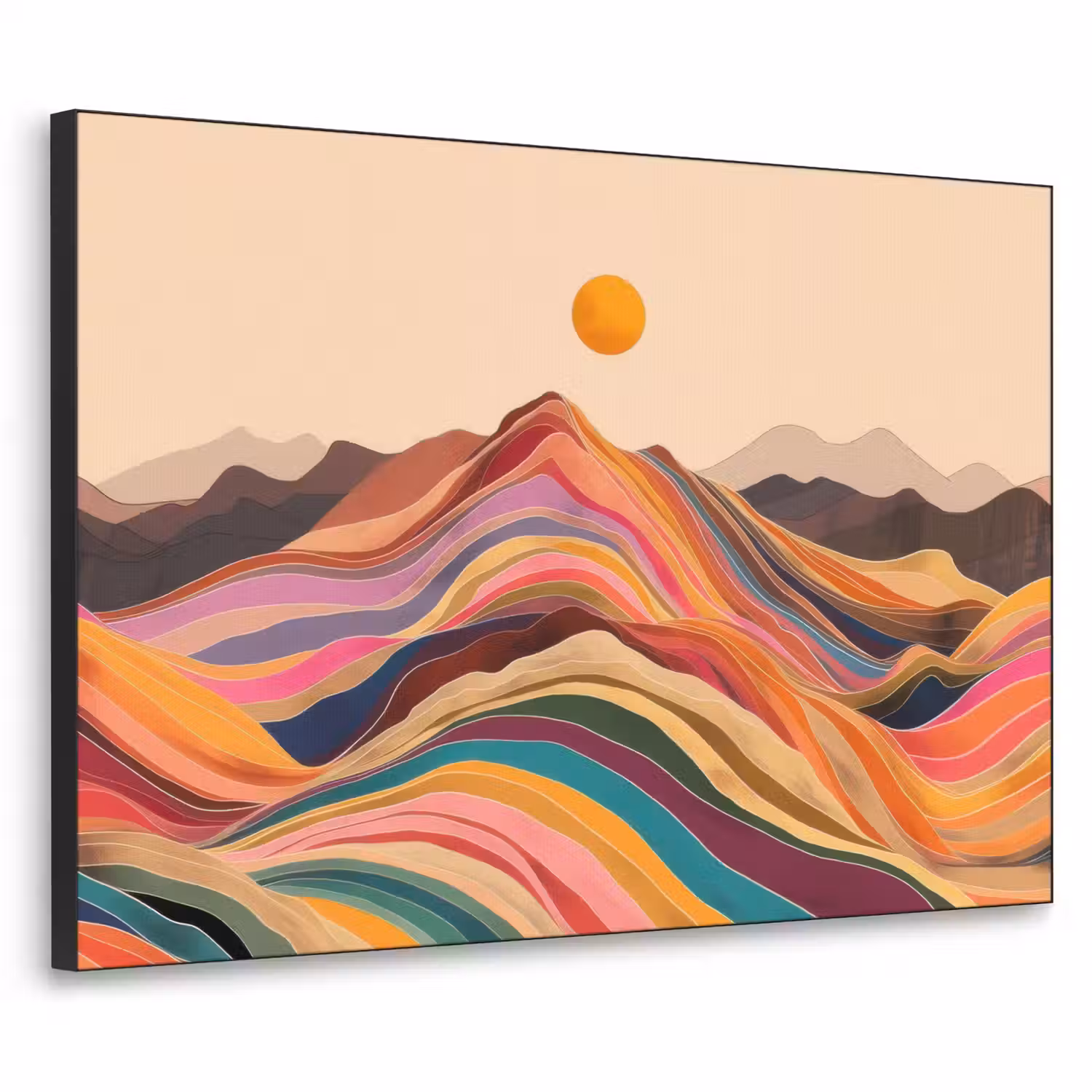 Zon - Kleurrijk landschap - Bergen Textielframe - compleet frame klein -3d