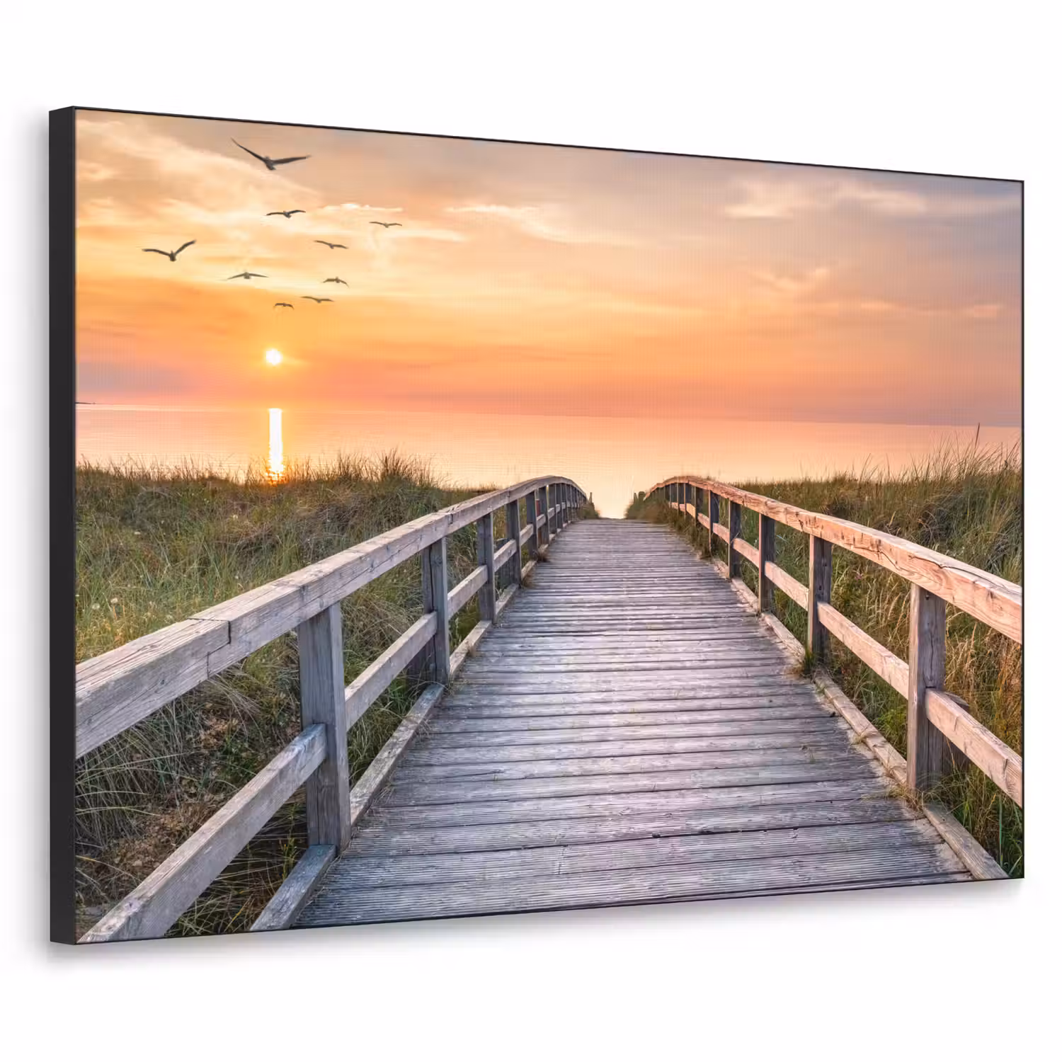 Zonsonderang - Zee - Pad - Gras - Duin - Vogels Textielframe zwart klein -3d