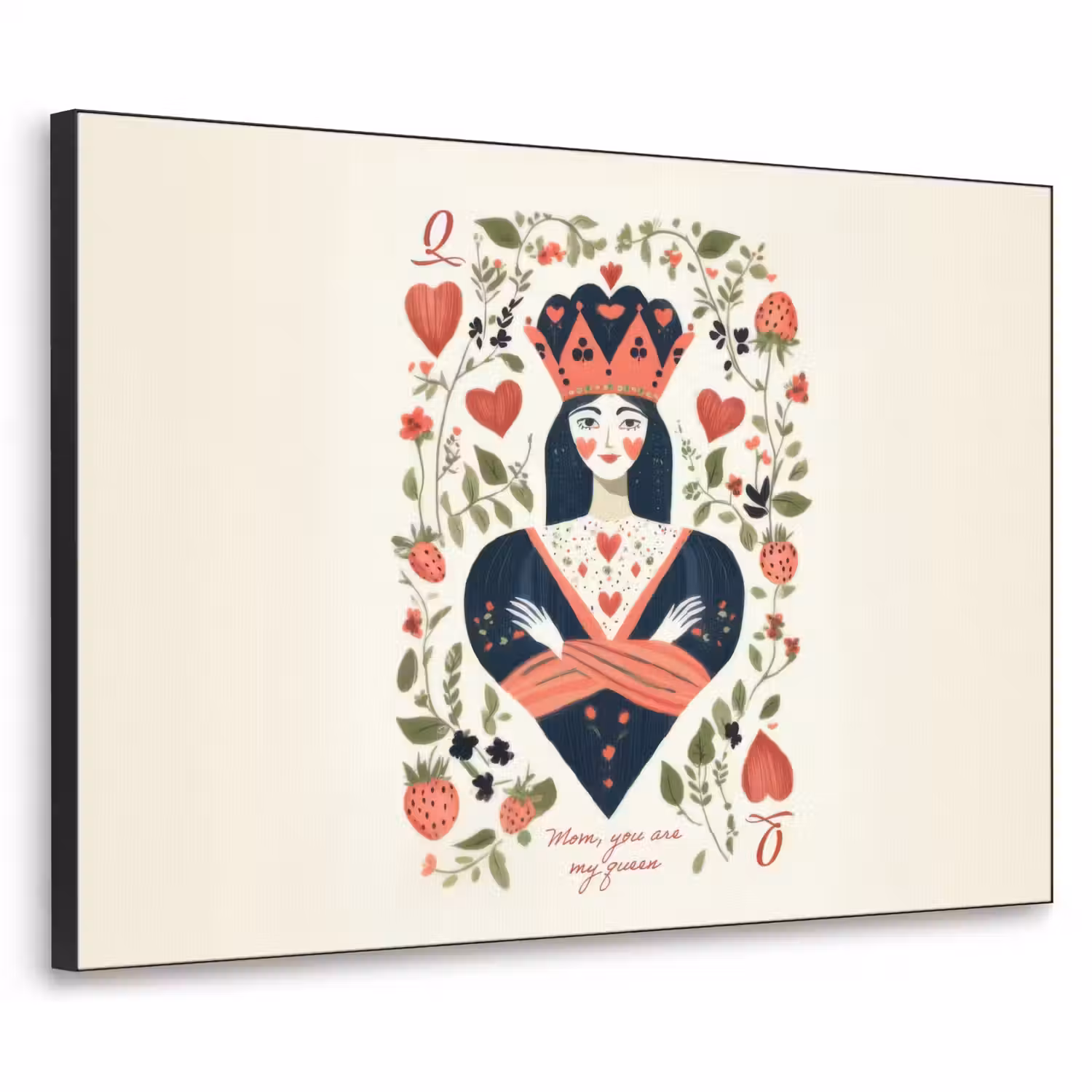 Speelkaart - Hartenkoningin - Bloemen - Hartjes Textielframe zwart klein -3d