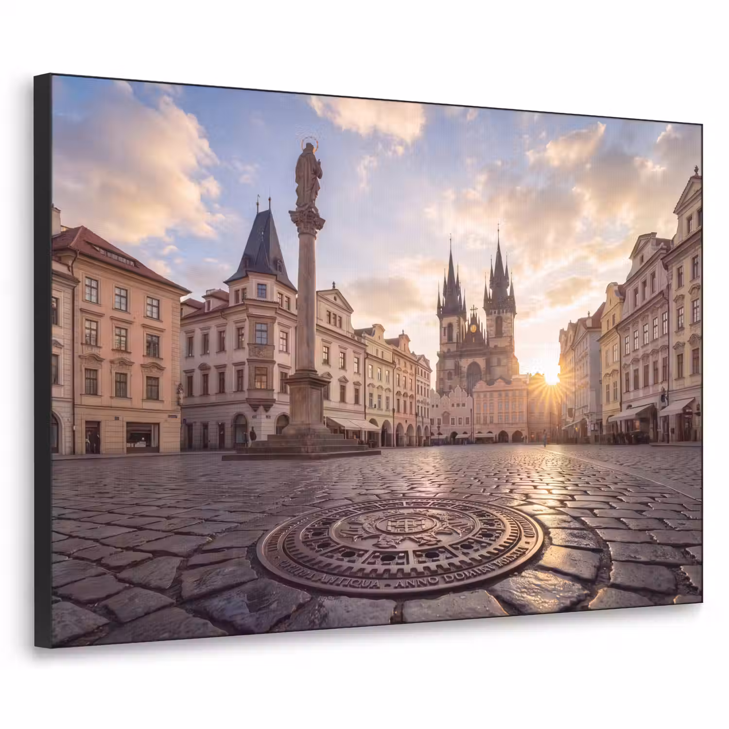 Stad - Praag - Ochtend - Architectuur - Goud Textielframe zwart klein -3d