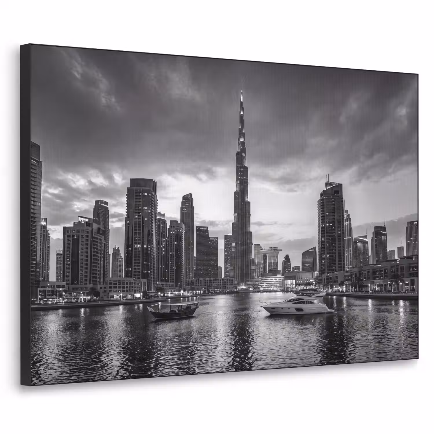 Stad - Skyline - Architectuur - Avond - Zwart-wit Textielframe zwart klein -3d
