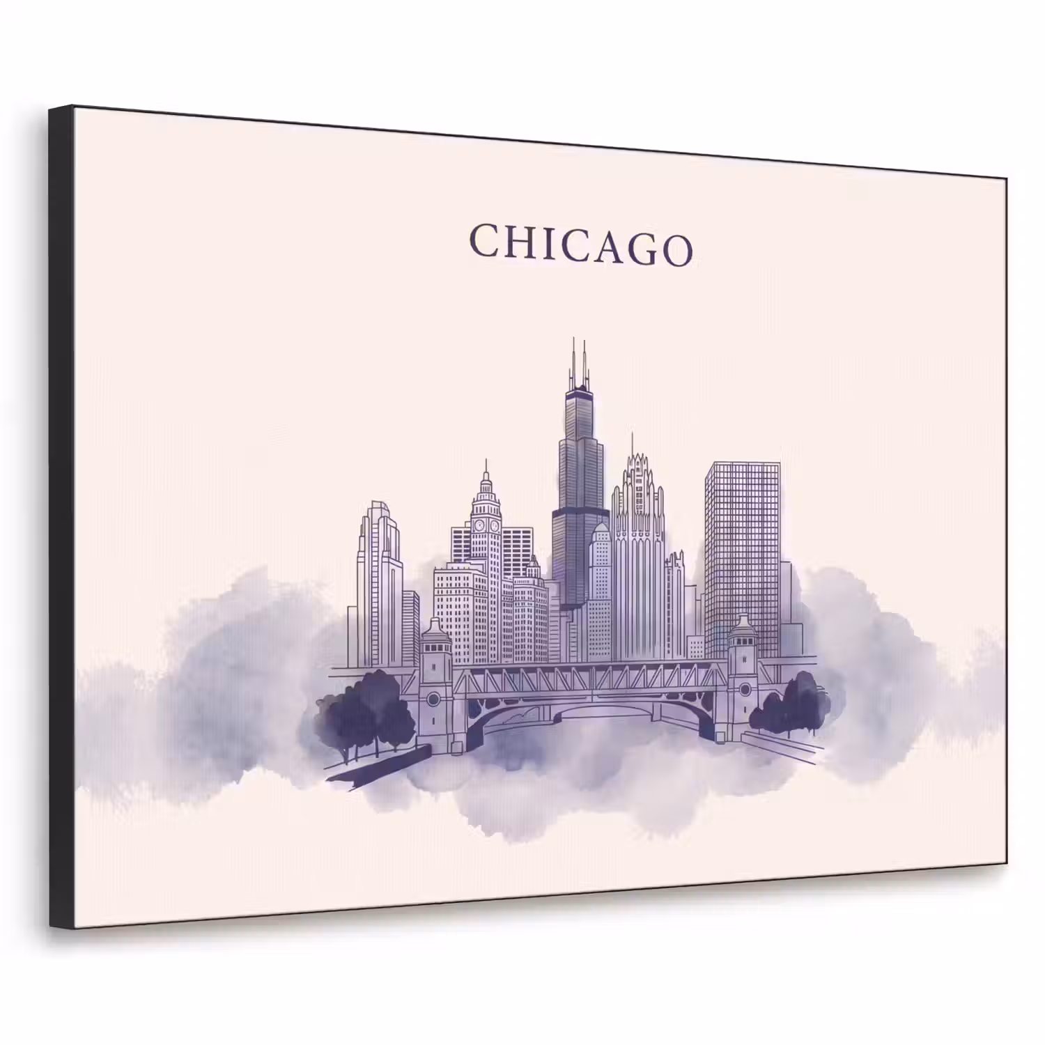 Stad - Skyline - Architectuur - Lijntekening - Blauw Textielframe zwart klein -3d