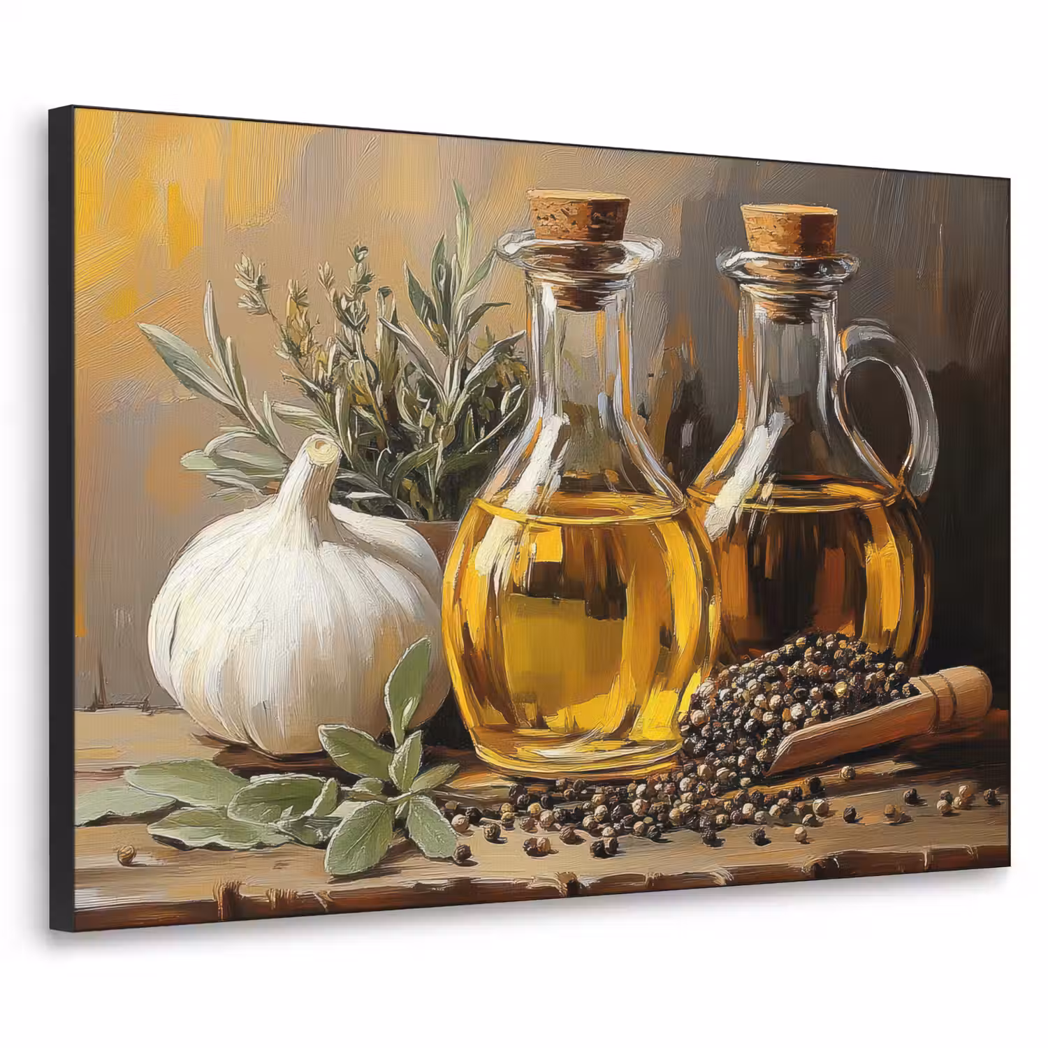 Stilleven - Olijfolie - Knoflook - Kruiden Textielframe - compleet frame klein -3d