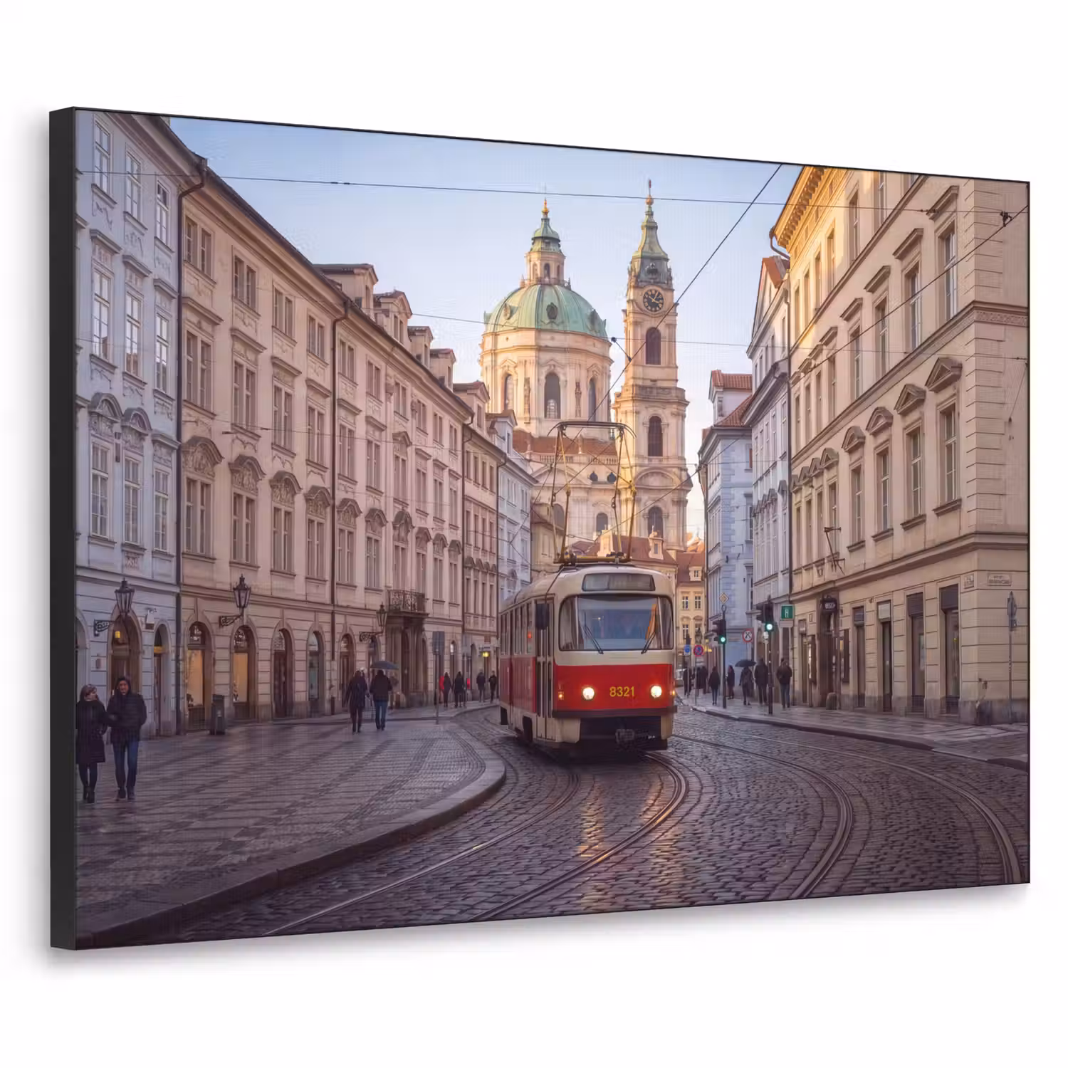 Tram - Straat - Stadsgezicht - Klassiek - Rood Textielframe zwart klein -3d