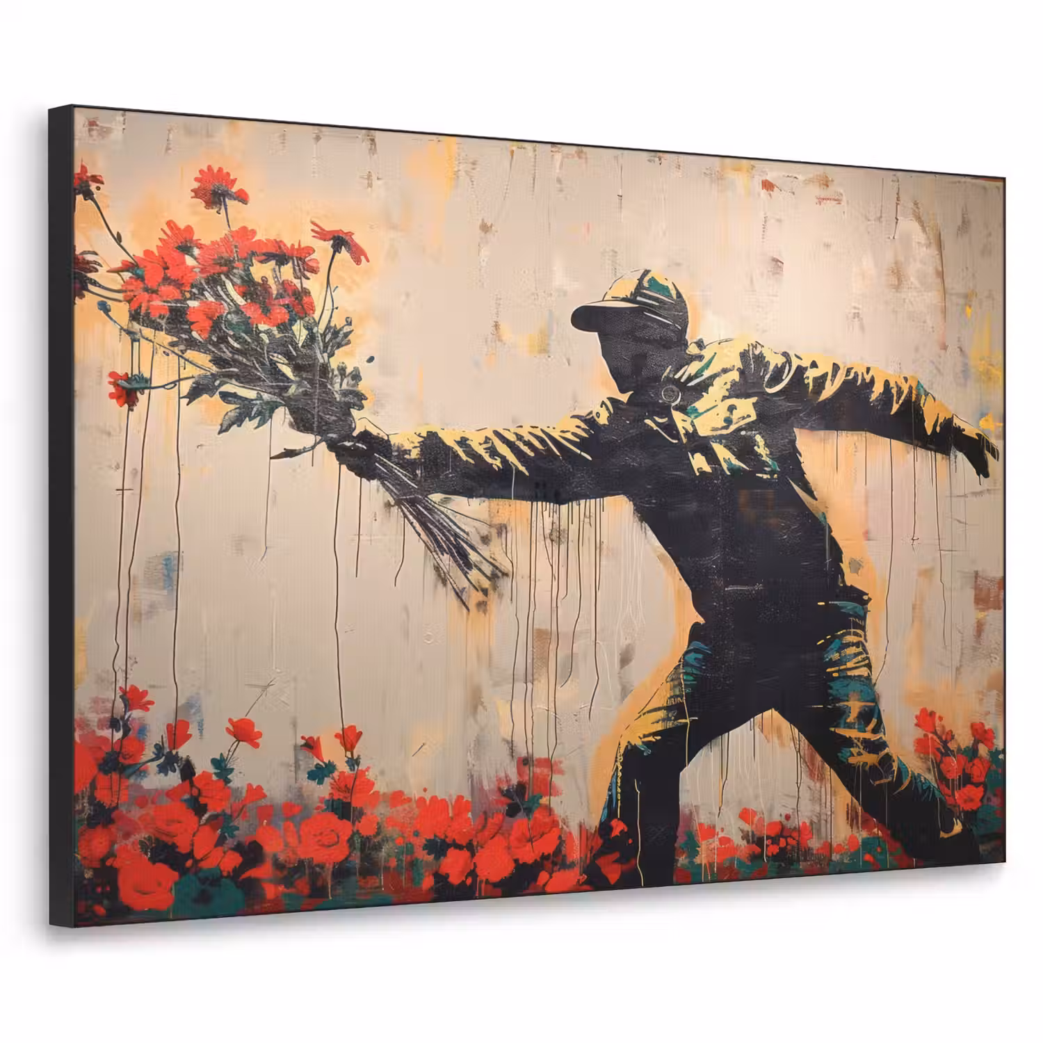 Street art - Man - Bloemen - Graffiti - Banksy Style Textielframe - compleet frame klein -3d