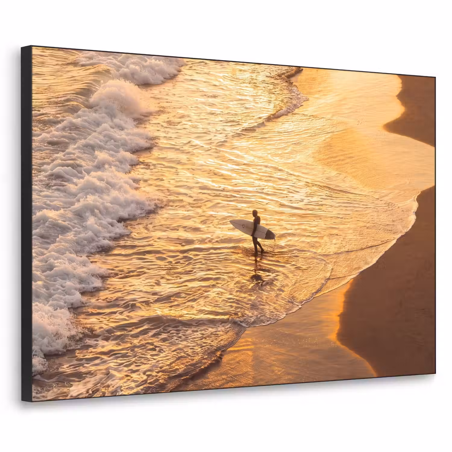 Surfer - Strand - Zonsondergang - Oceaan - Goud Textielframe zwart klein -3d