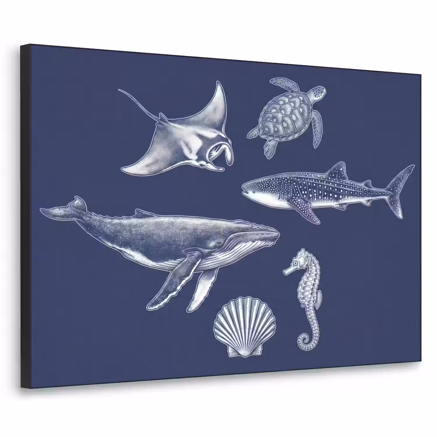 Dieren - Zeeleven - Oceaan - Graveren - Blauw Textielframe zwart klein -3d
