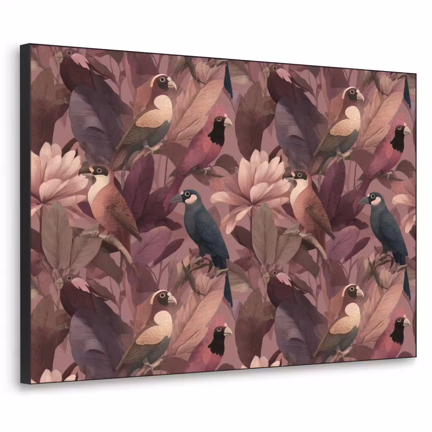 Vogels - Bladeren - Roze Textielframe zwart klein 947 -3d