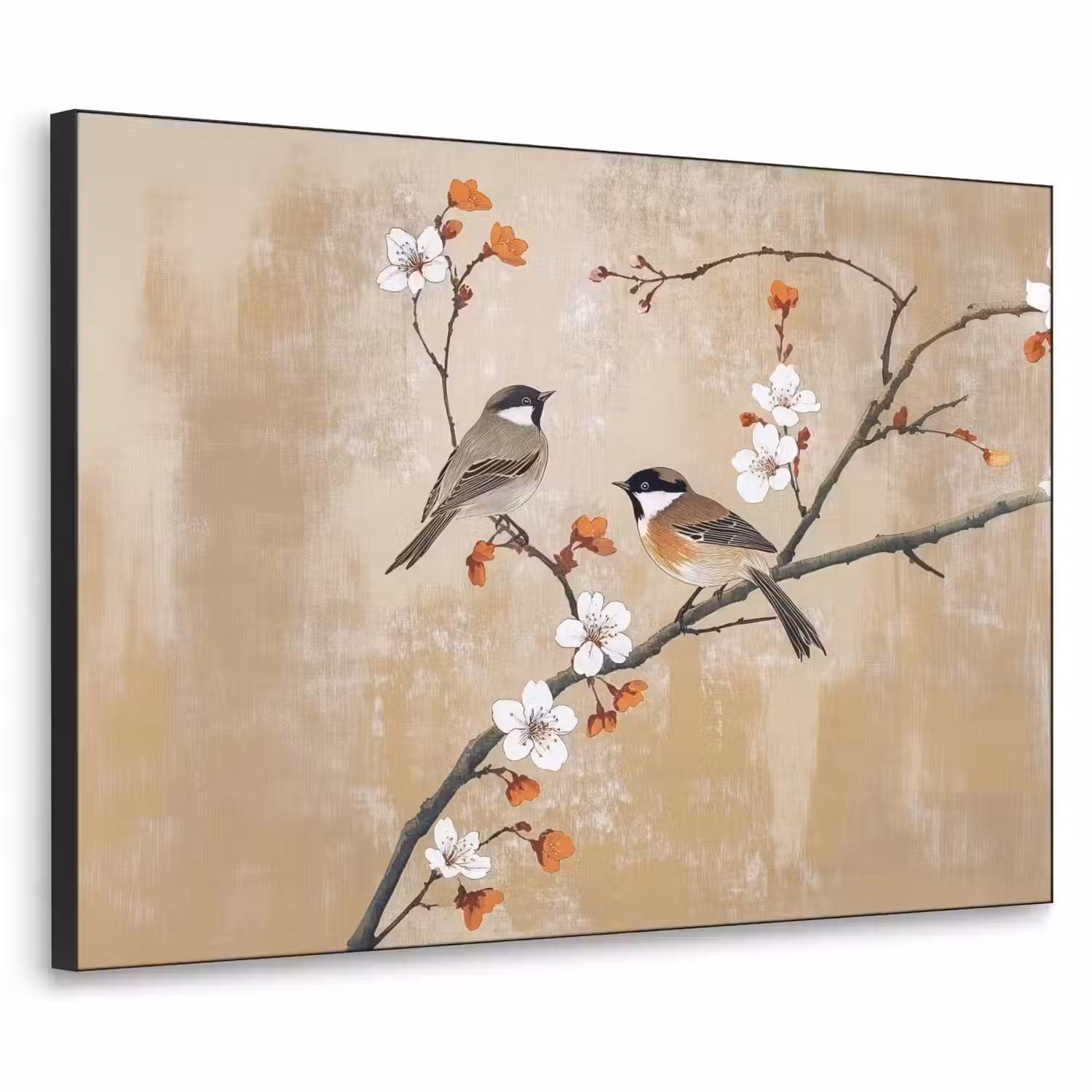 Vogels - Bloesemtak - Bloemen - Oranje Textielframe - compleet frame klein -3d