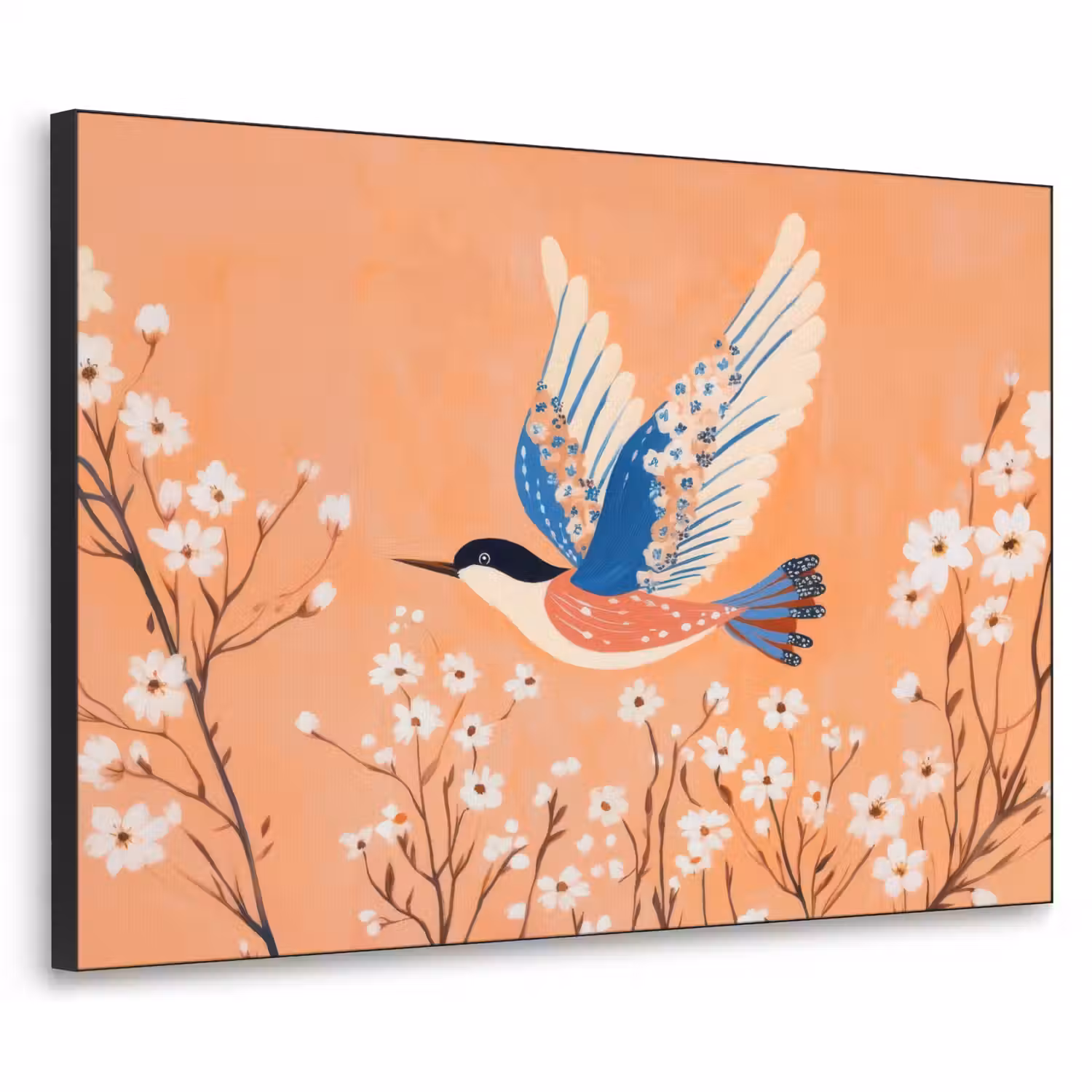 Vogel - Bloesemtakken - Warm - Kleurrijk Textielframe - compleet frame klein -3d