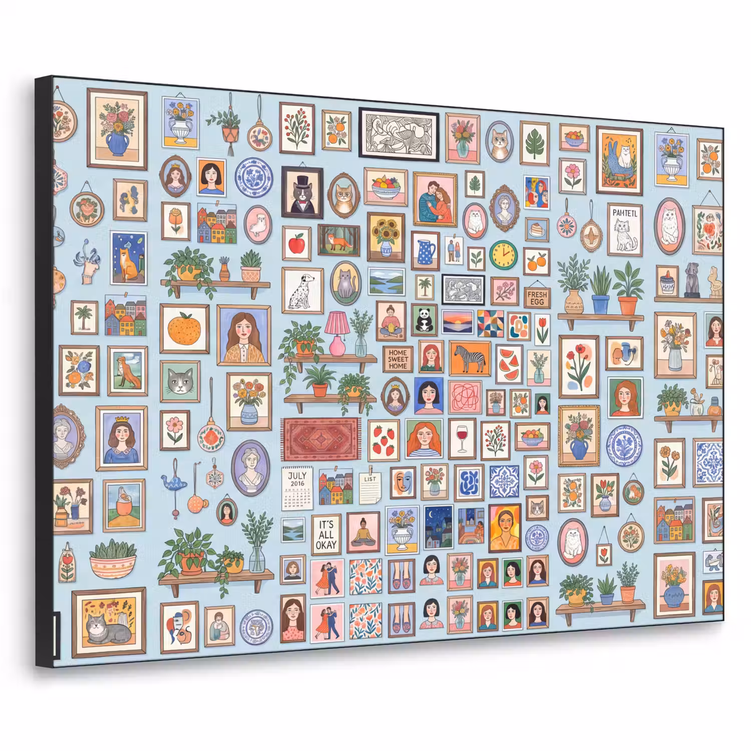 Wanddecoratie - Collectie - Huis - Illustratief - Kleurrijk Textielframe zwart klein -3d