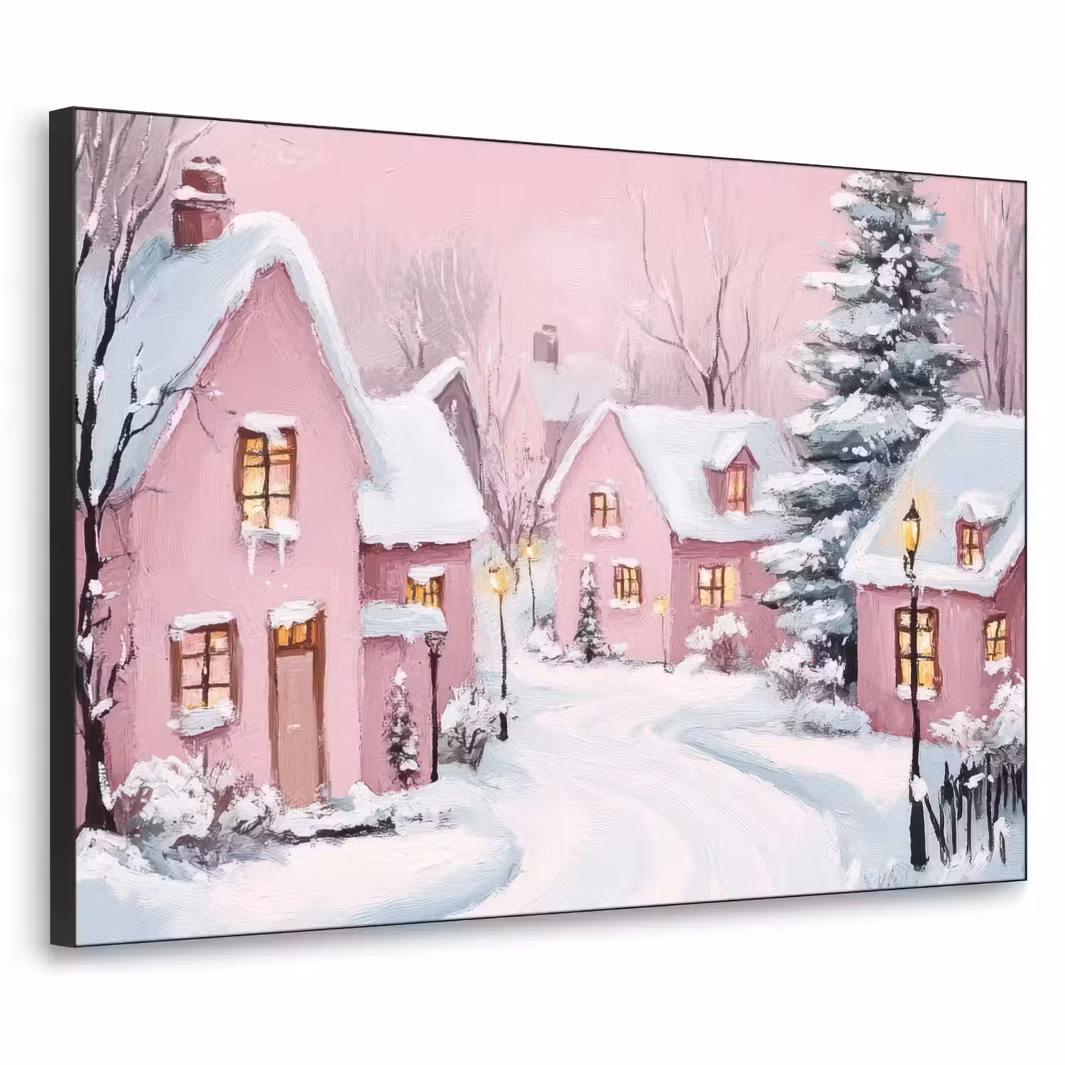 Kerstdorp - Roze - Winter - Sneeuw - Huizen Textielframe - compleet frame klein -3d