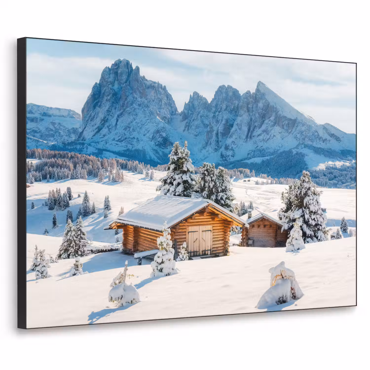 Winter - Huisje - Bergen - Uitzicht - Sneeuw Textielframe - compleet frame klein -3d