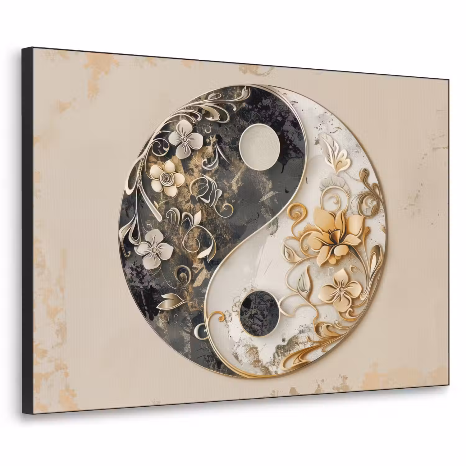 Yin Yang - Bloemen - Zwart - Wit - Vintage Textielframe - compleet frame klein -3d