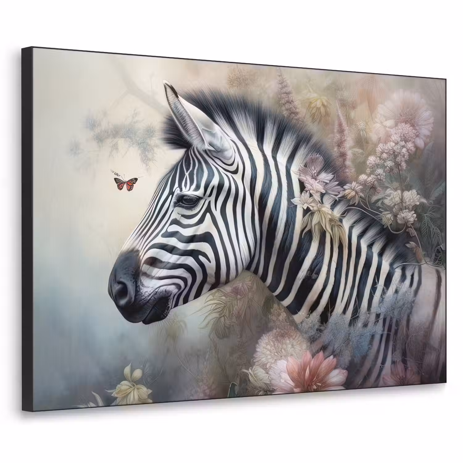 Zebra - Wilde dieren - Vlinder - Bloemen Textielframe zwart klein -3d