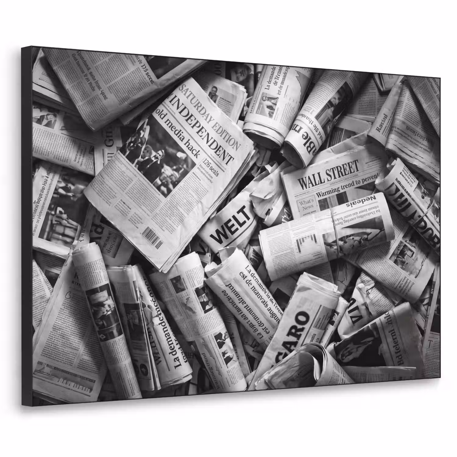 Krant - Stapel - Nieuws - Zwart-wit Textielframe zwart klein -3d