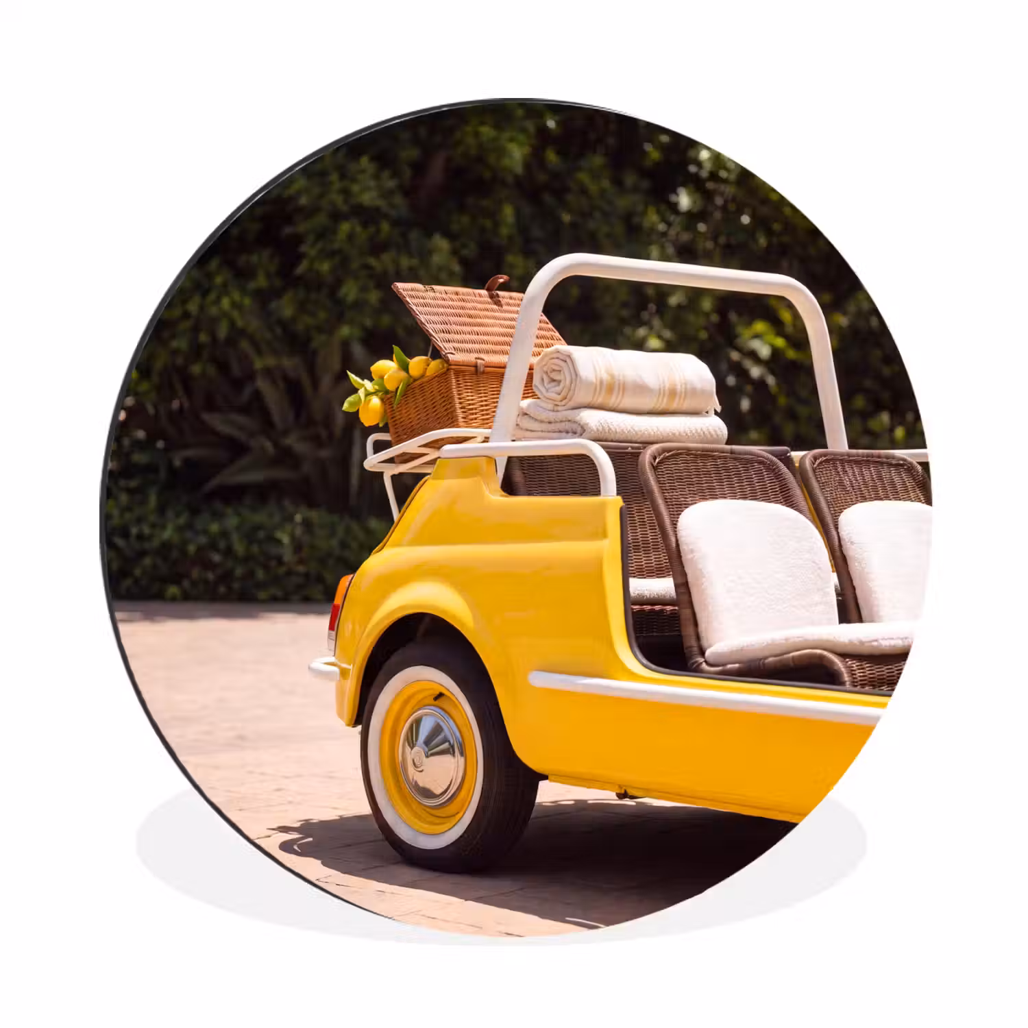 Auto - Picknick - Zomer - Geel Wandcirkel aluminium klein -3d
