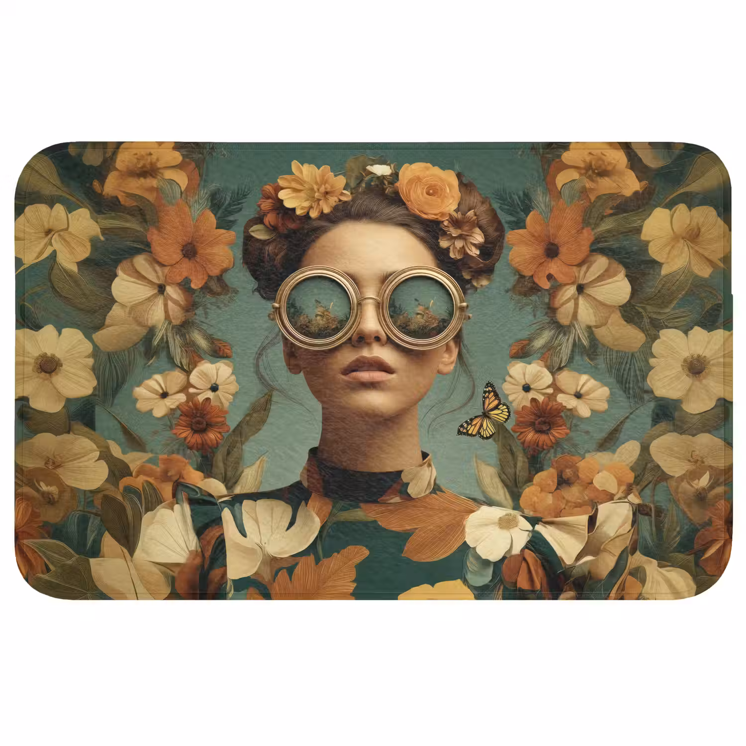 Bloemenkrans - Vrouwengezicht - Zonnebril - Oranje Badmat middel -3d