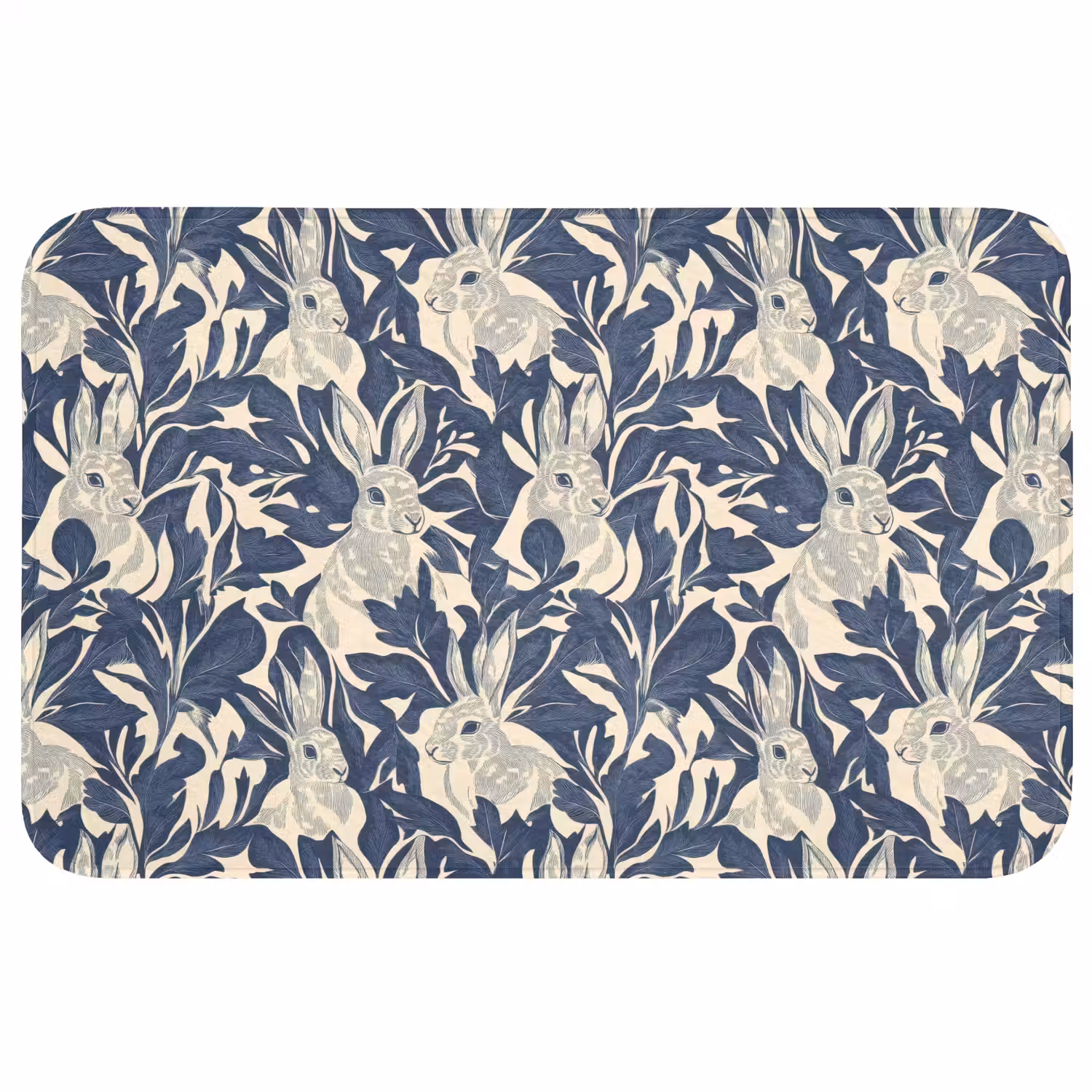 Hazen - Bladeren - Patroon - Blauw - Beige Badmat middel 997 -3d