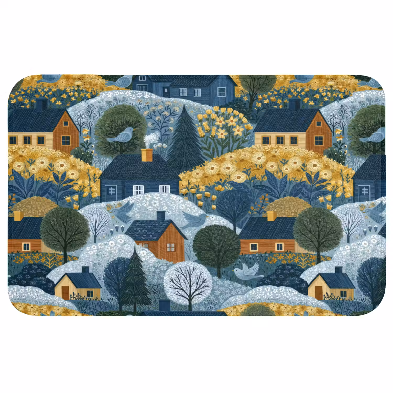 Huisjes - Bloemen - Patroon - Geel - Blauw Badmat middel 997 -3d