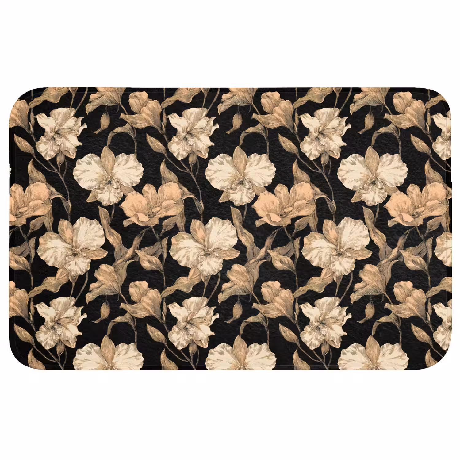 Orchideeën - Lijntekening - Patroon - Beige - Zwart Badmat middel 997 -3d