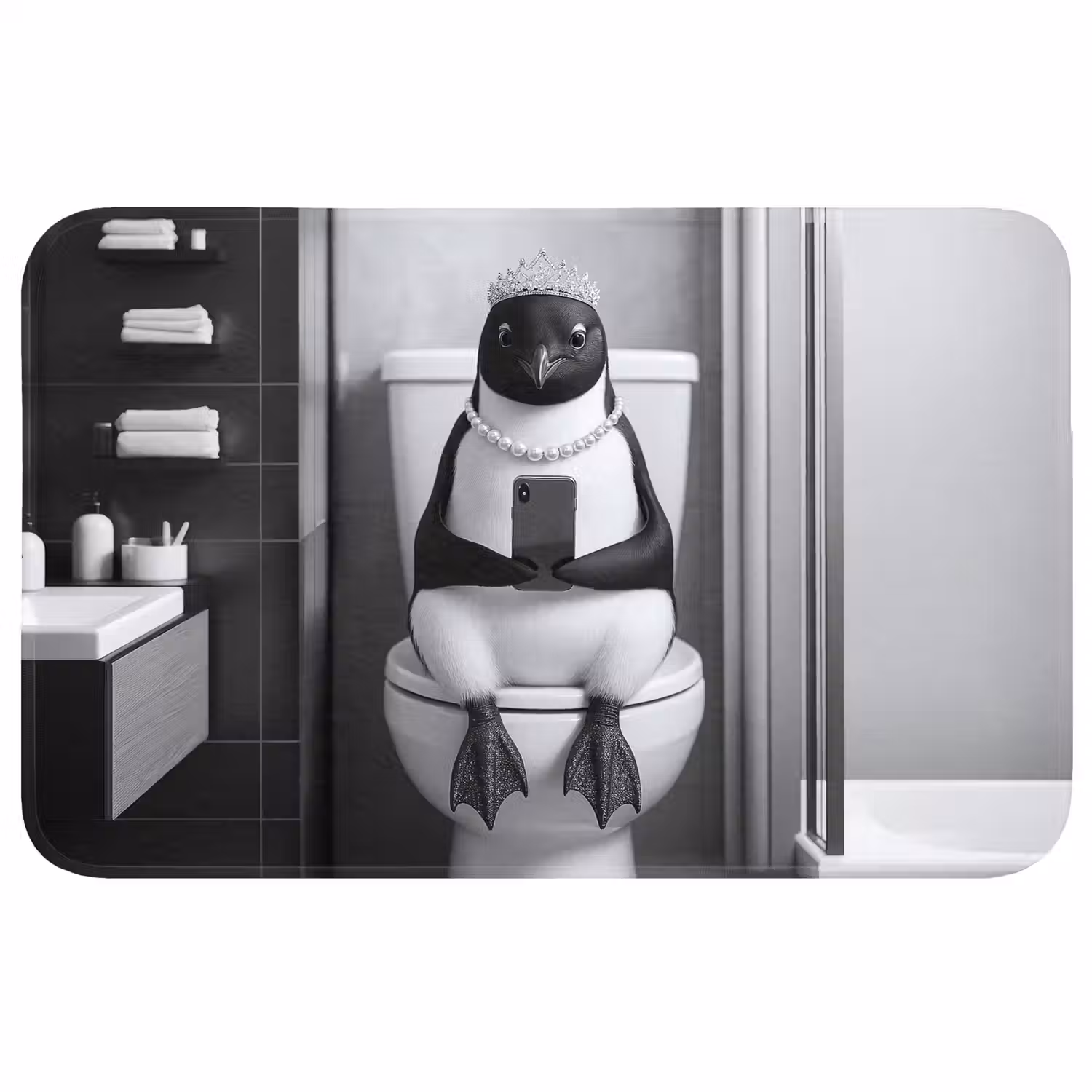 Pinguïn - Telefoon - Toilet - Zwart - Wit Badmat middel -3d