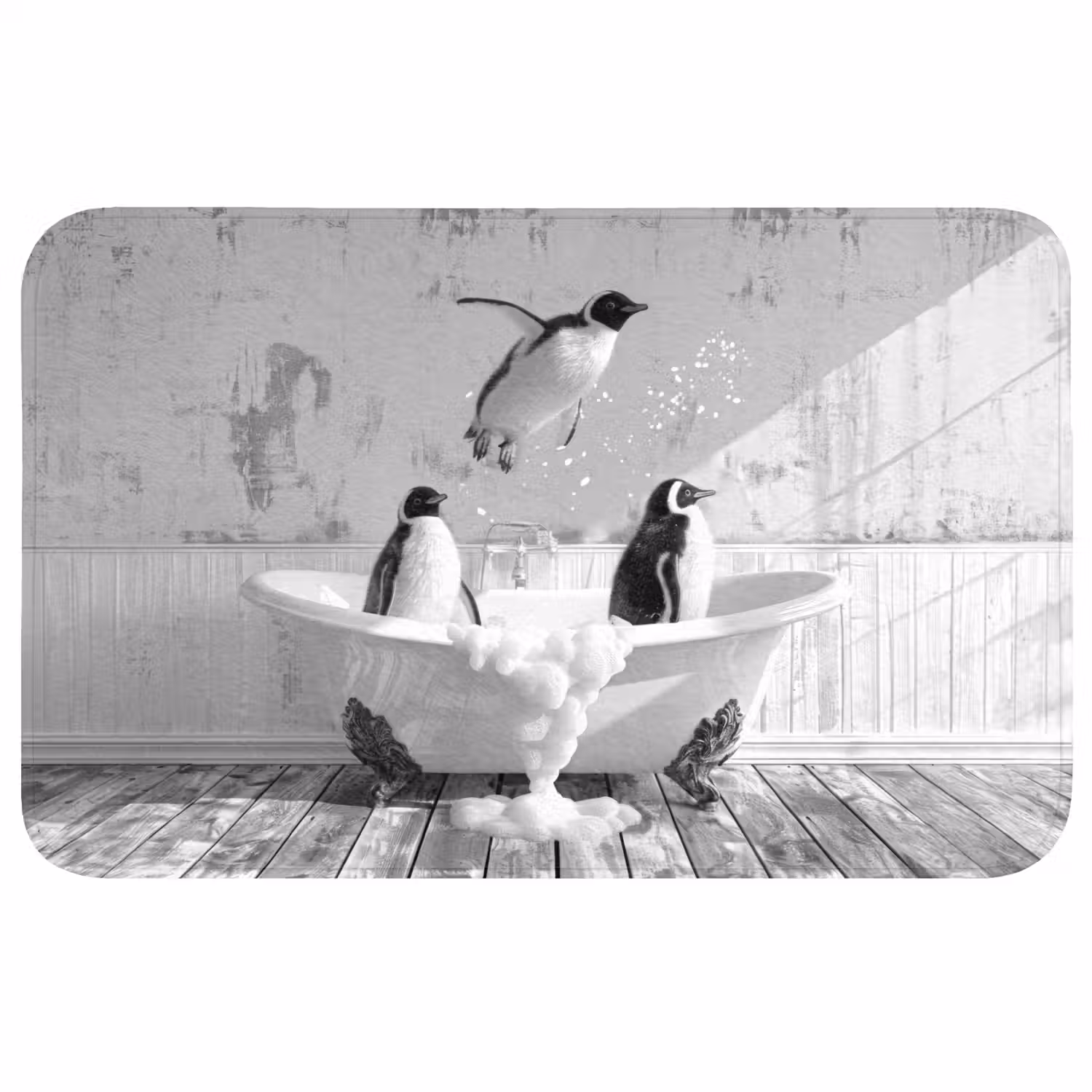 Pinguïns - Vintage - Dieren - Zwart - Wit Badmat middel -3d