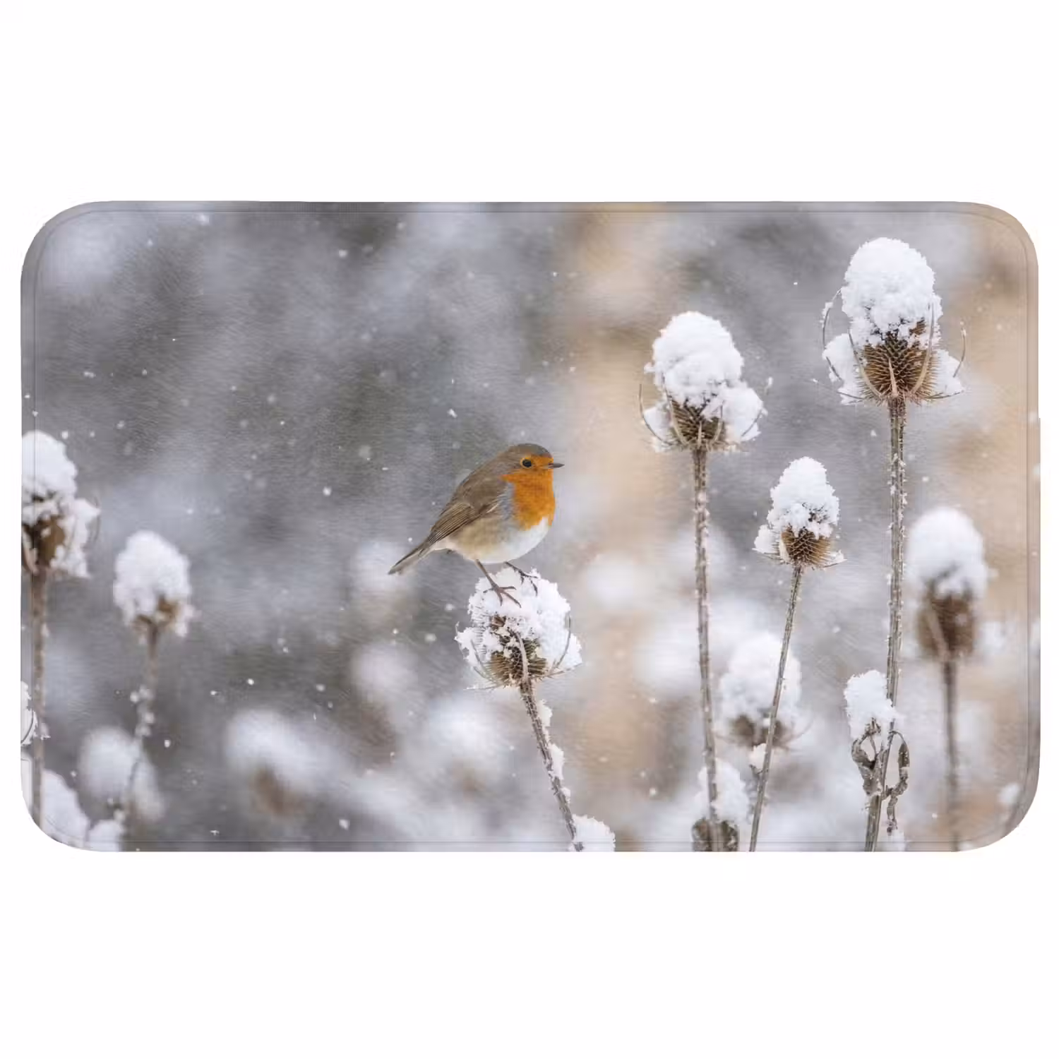 Roodborstje - Gedroogde bloem - Sneeuw - Winter - Vertederend Badmat middel -3d