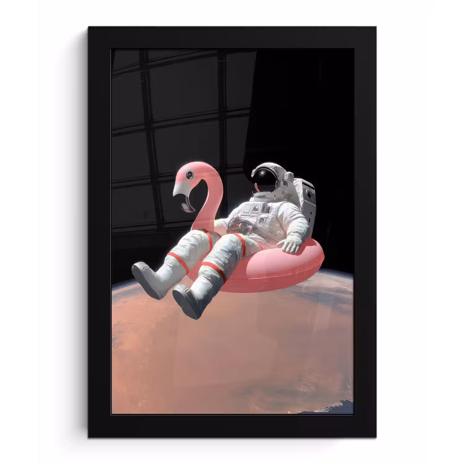 Astronaut - Flamingo - Zwemband - Roze fotolijst zwart zonder passe partout klein -3d